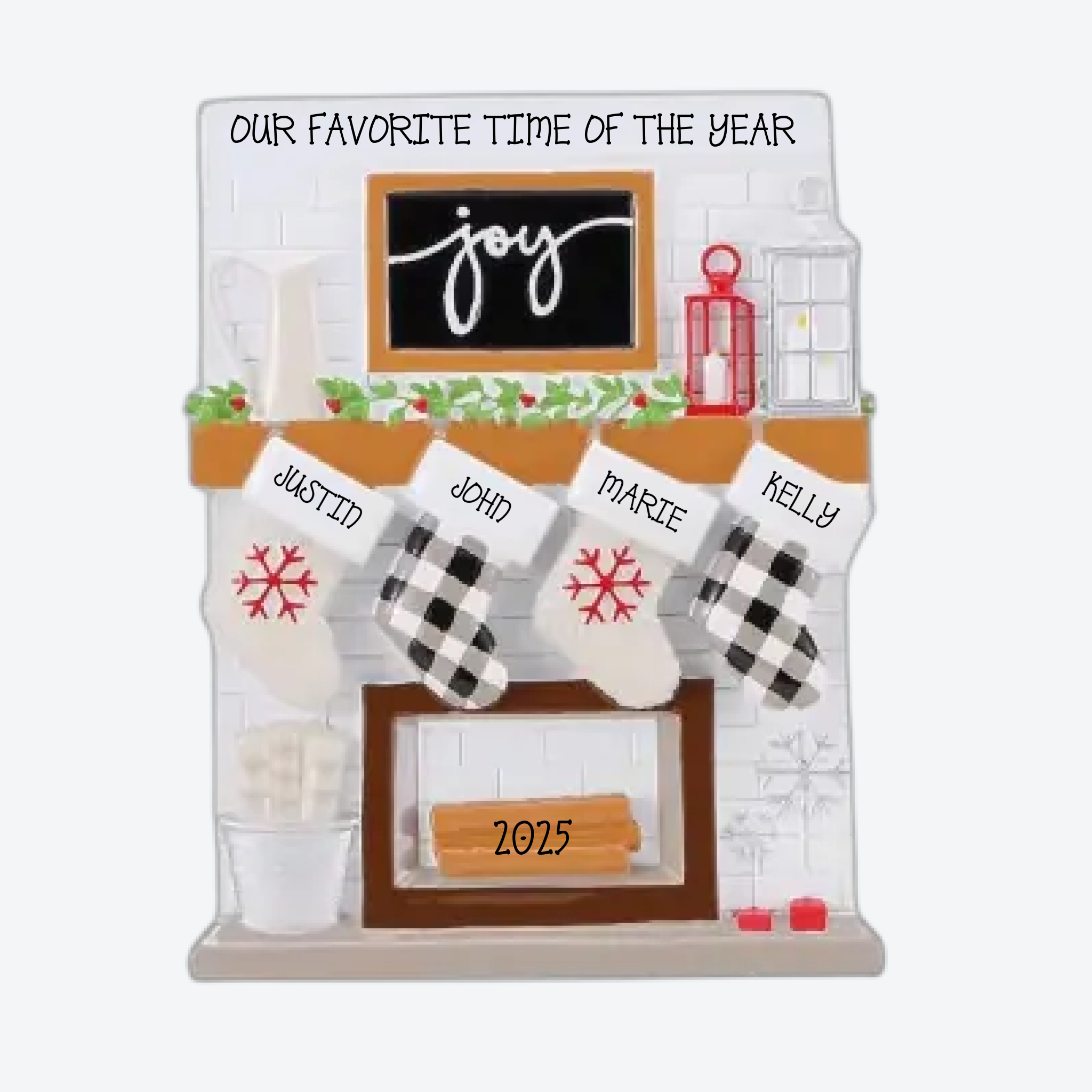 Fireplace Mantle Family of 4 Personalized Christmas Ornament