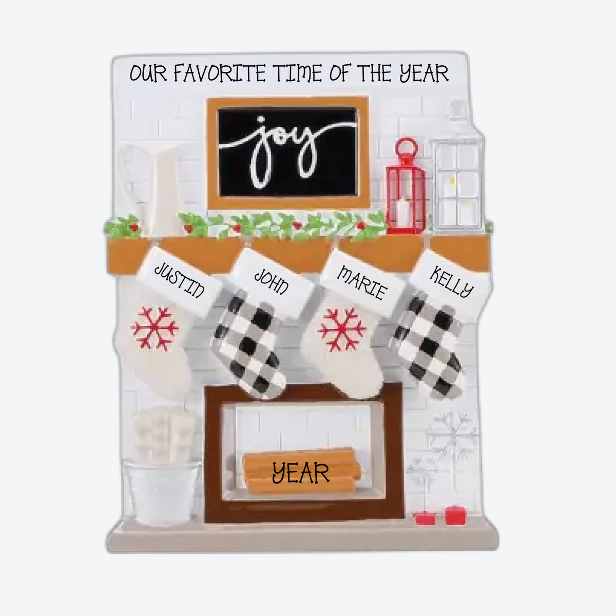 Fireplace Mantle Family of 4 Personalized Christmas Ornament