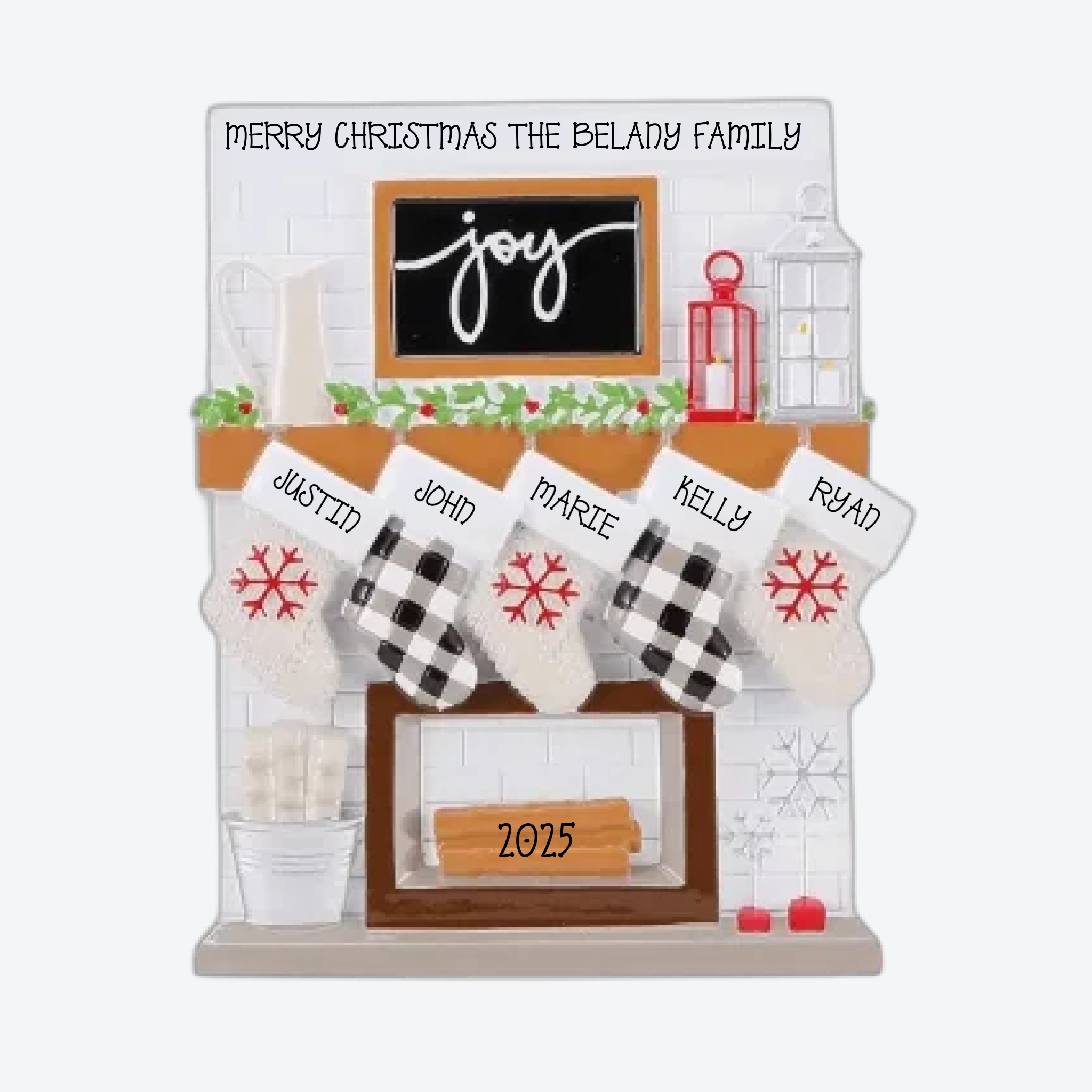 Fireplace Mantle Family of 5 Personalized Christmas Ornament