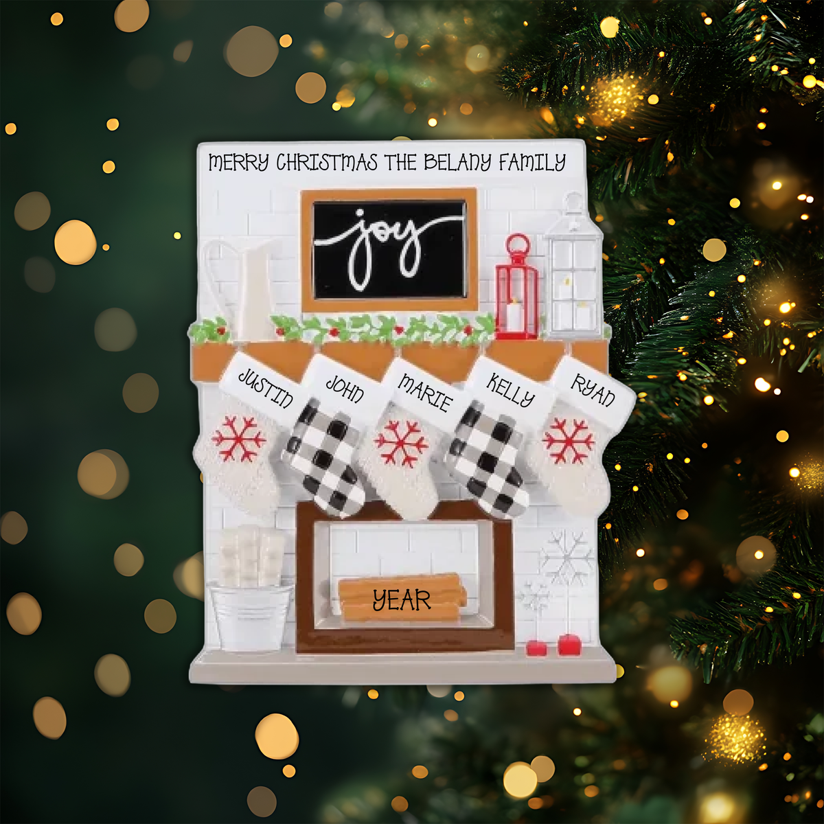 Fireplace Mantle Family of 5 Personalized Christmas Ornament