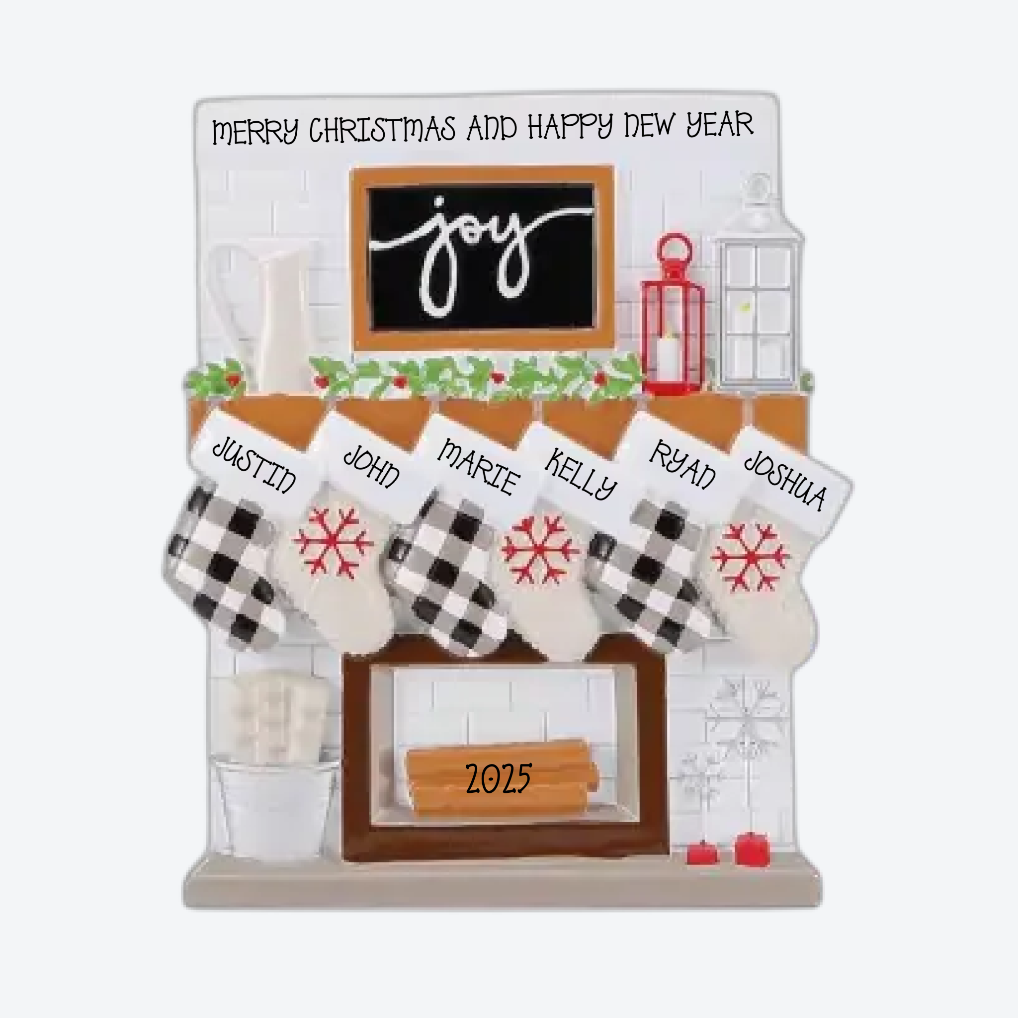 Fireplace Mantle Family of 6 Personalized Christmas Ornament
