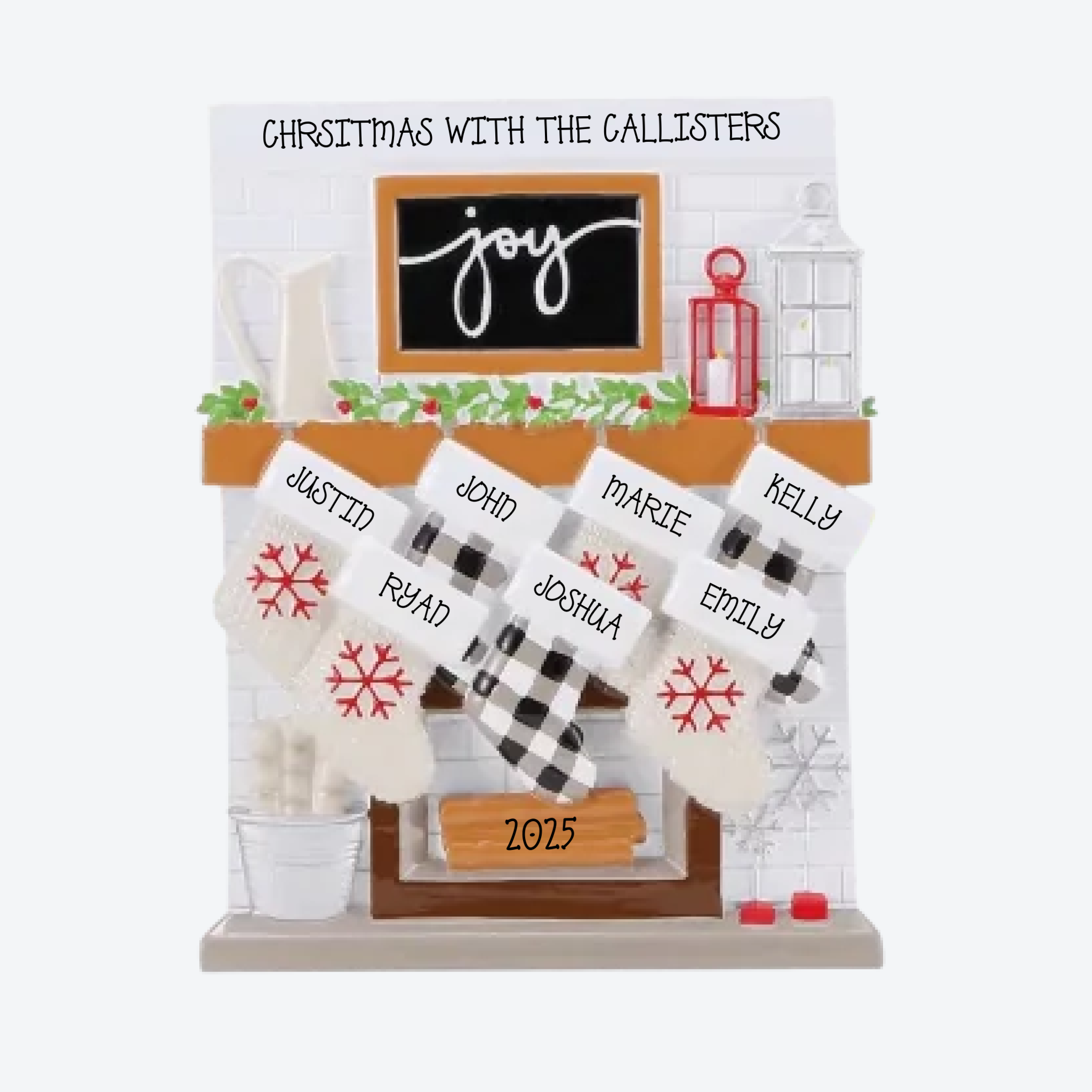Fireplace Mantle Family of 7 Personalized Christmas Ornament