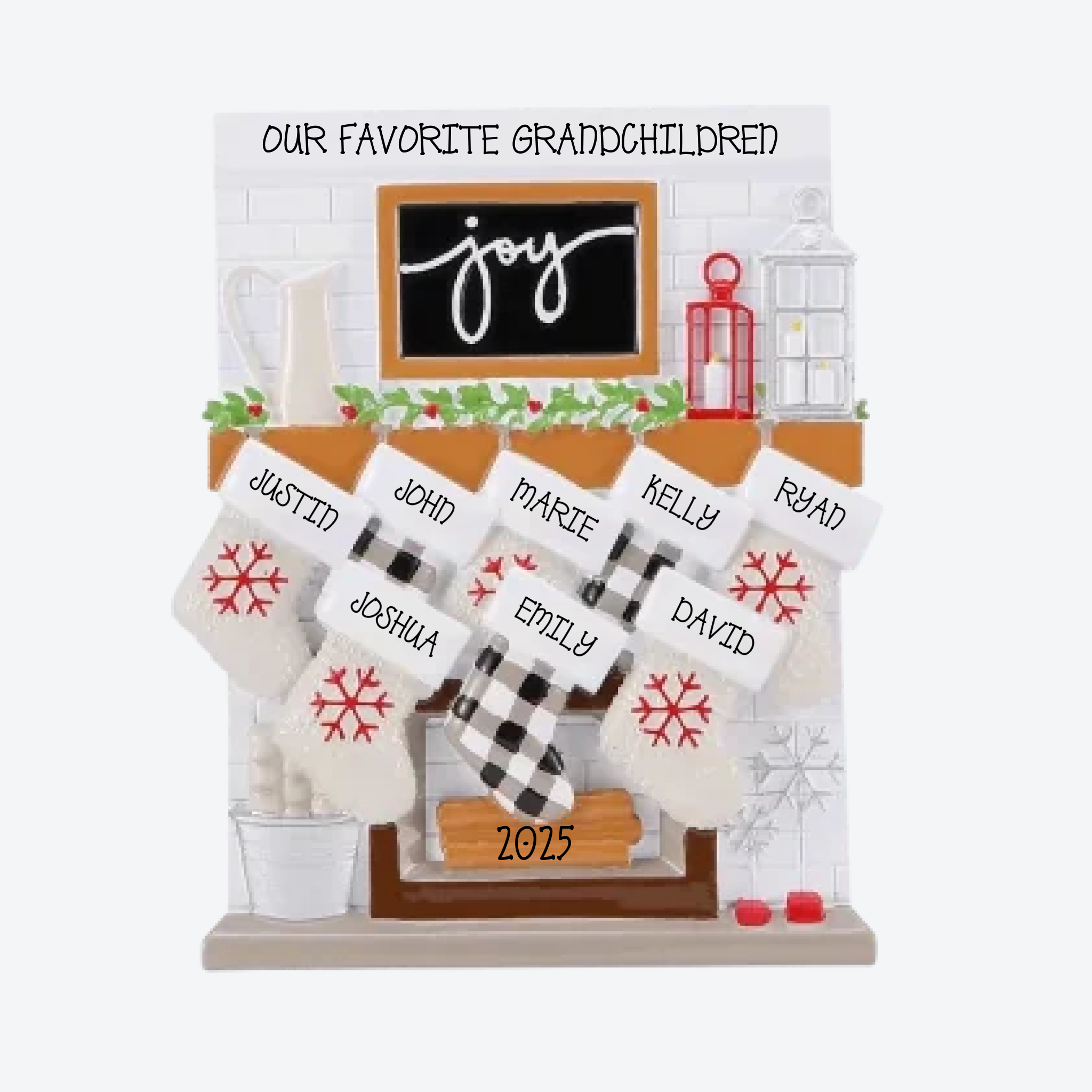 Fireplace Mantle Family of 8 Personalized Christmas Ornament