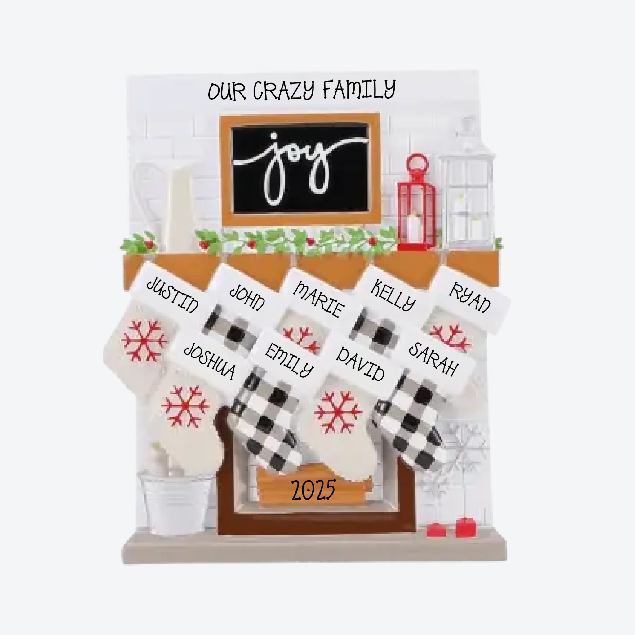 Fireplace Mantle Family of 9 Personalized Christmas Ornament