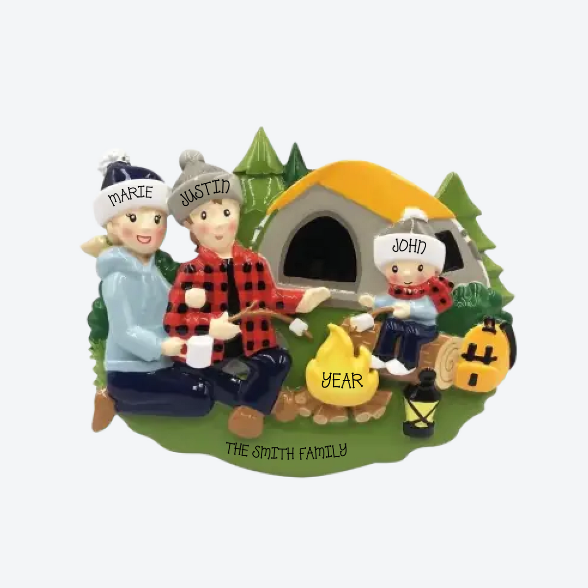 Camp Fire Family of 3 Personalized Christmas Ornament