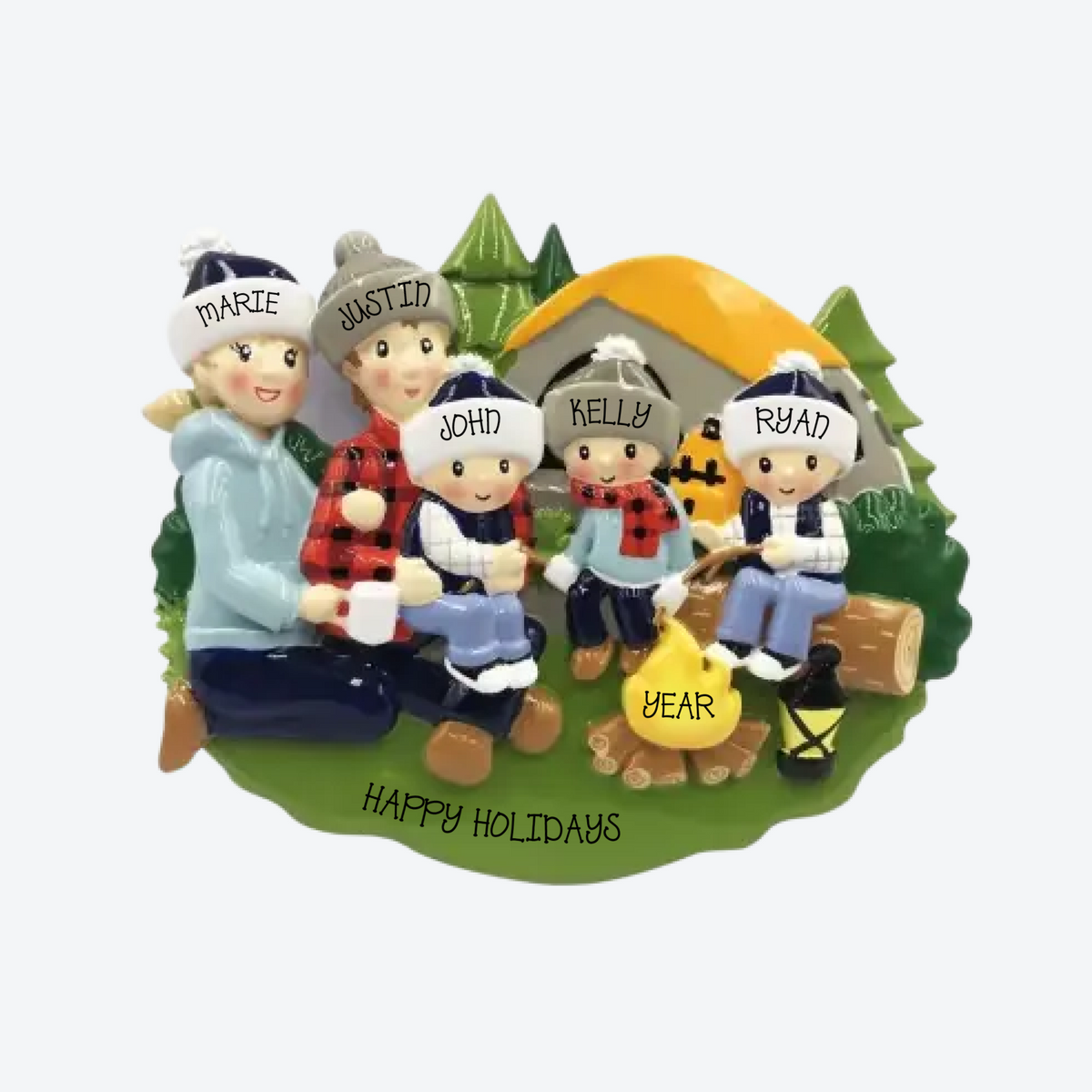 Camp Fire Family of 5 Personalized Christmas Ornament