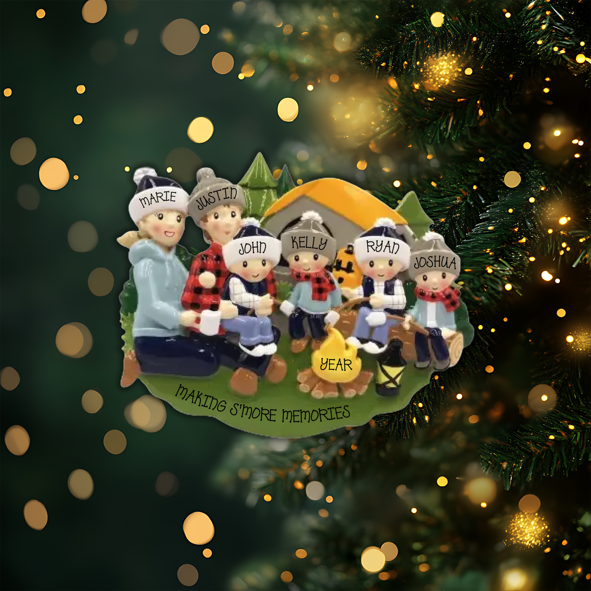 Camp Fire Family of 6 Personalized Christmas Ornament