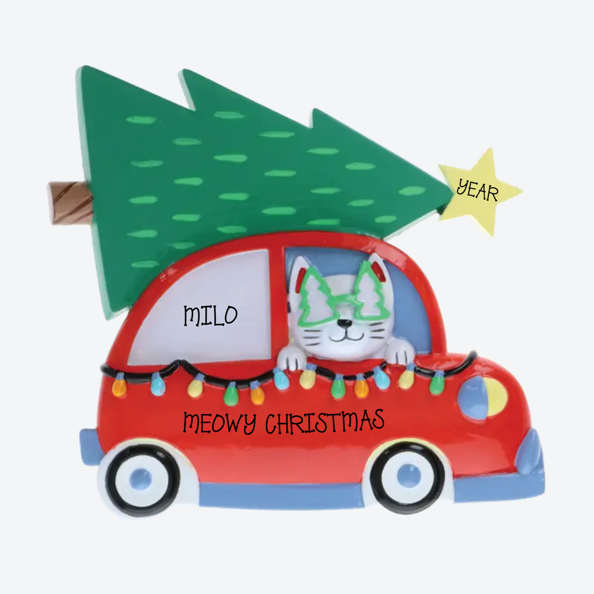 Cat In Car W/Tree On Top Personalized Christmas Ornament