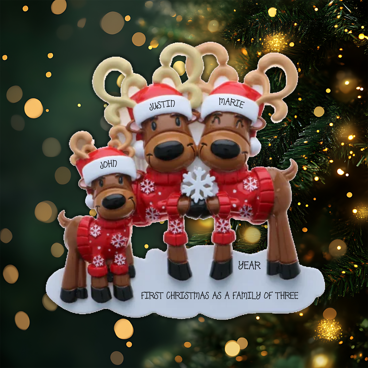 Reindeer Sweater Family of 3 Personalized Christmas Ornament