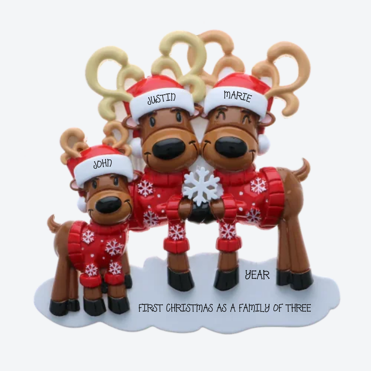 Reindeer Sweater Family of 3 Personalized Christmas Ornament