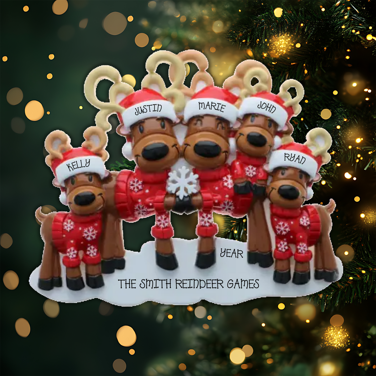 Mr. and Mrs. Reindeer Family of 5 Personalized Christmas Ornament