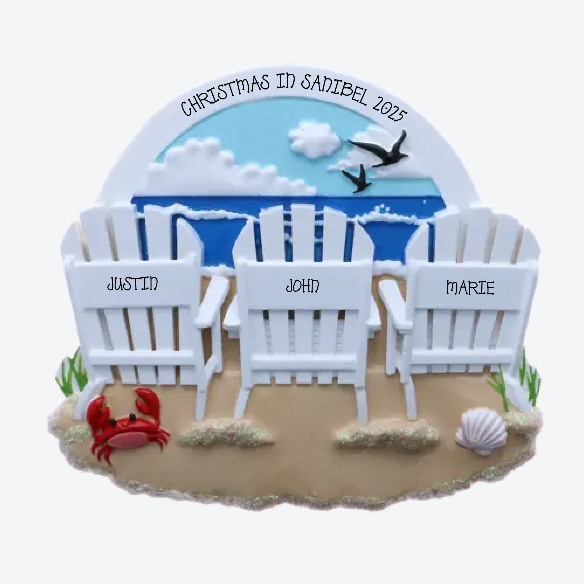 Beach Chairs Family of 3 Personalized Christmas Ornament