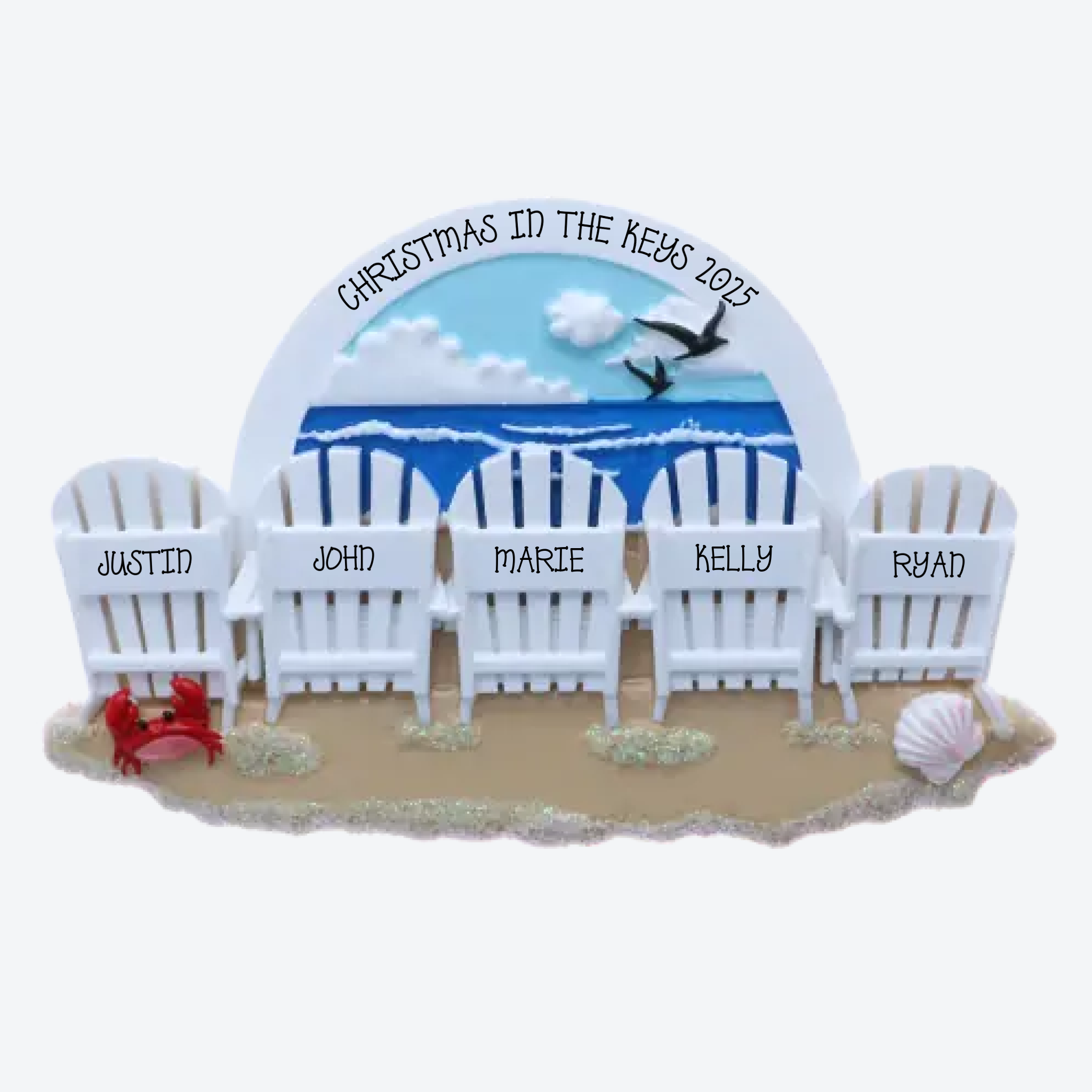 Beach Chairs Family of 5 Personalized Christmas Ornament