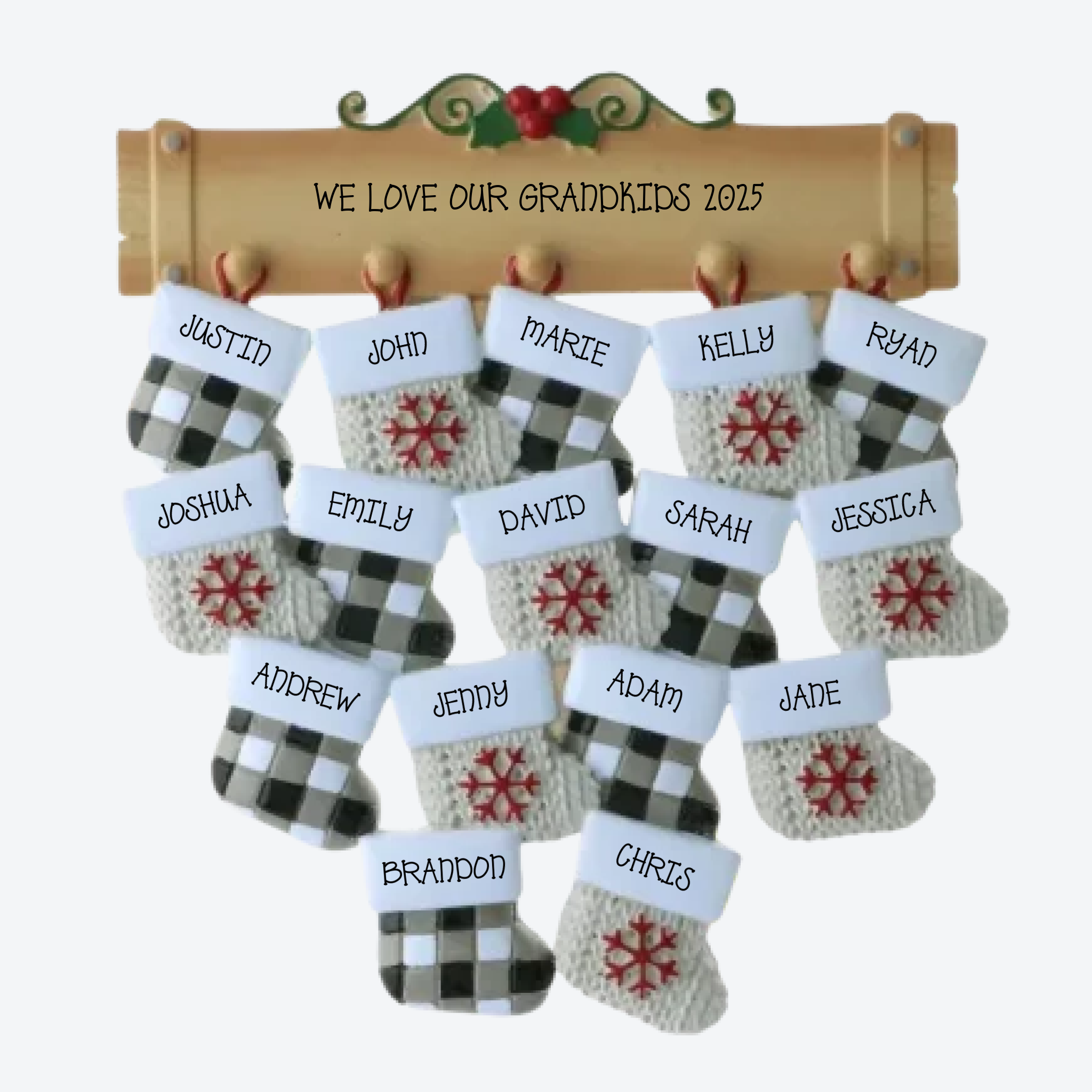 Mantle with 16 Stockings Personalized Christmas Ornament