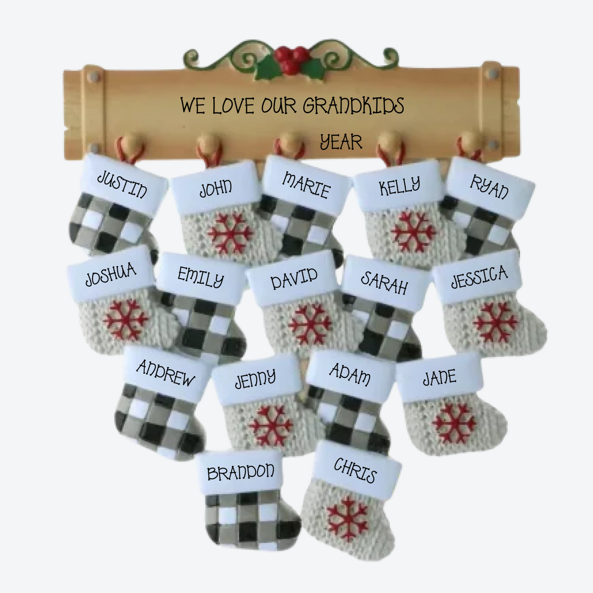 Mantle with 16 Stockings Personalized Christmas Ornament