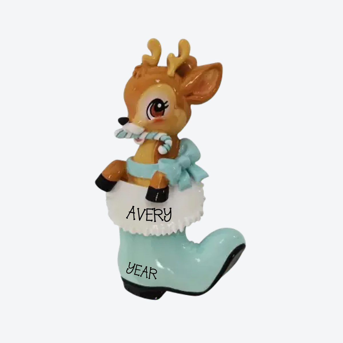 Baby Deer In Boot -Blue Personalized Christmas Ornament