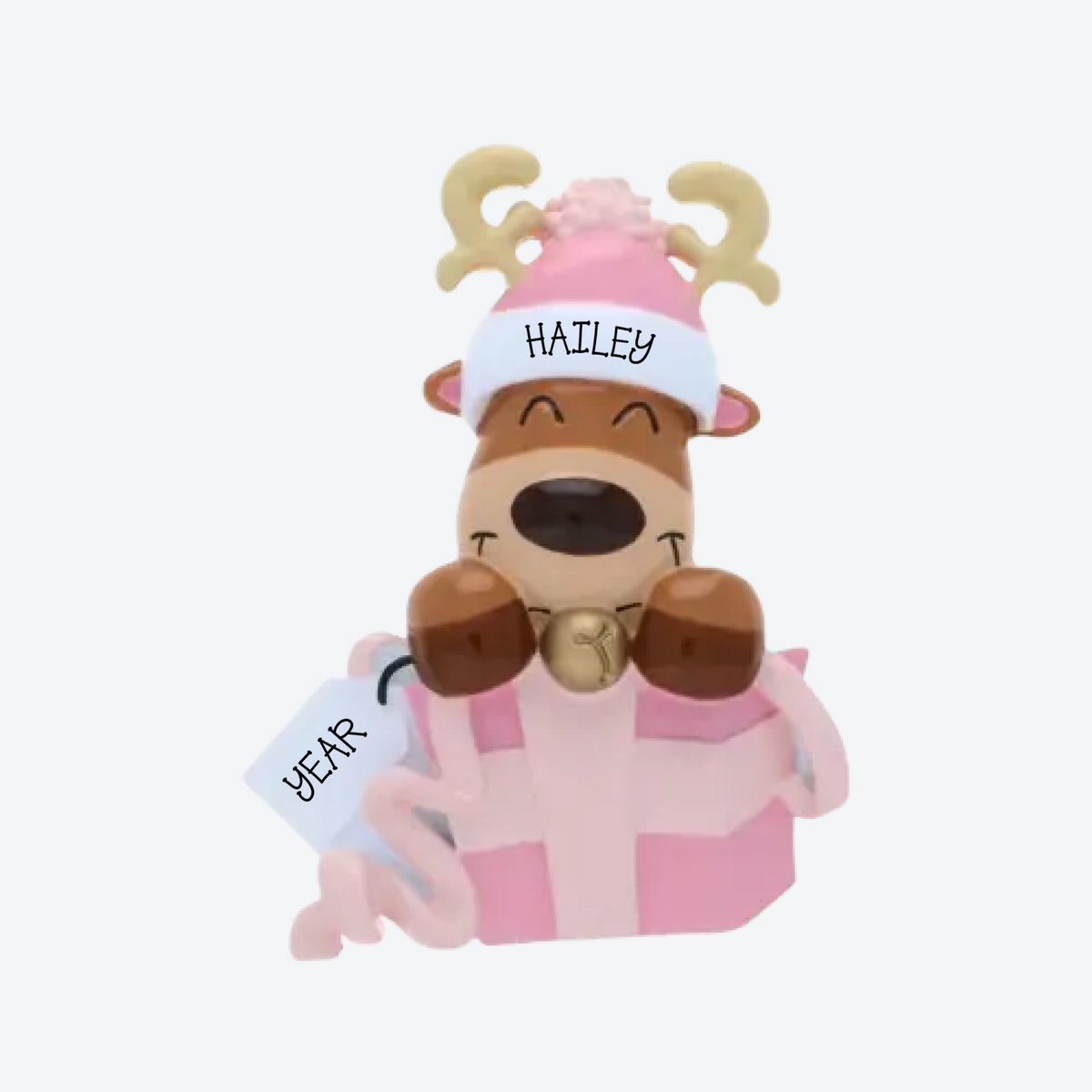 Baby Reindeer In Gift Box- Pink Personalized Christmas Ornament