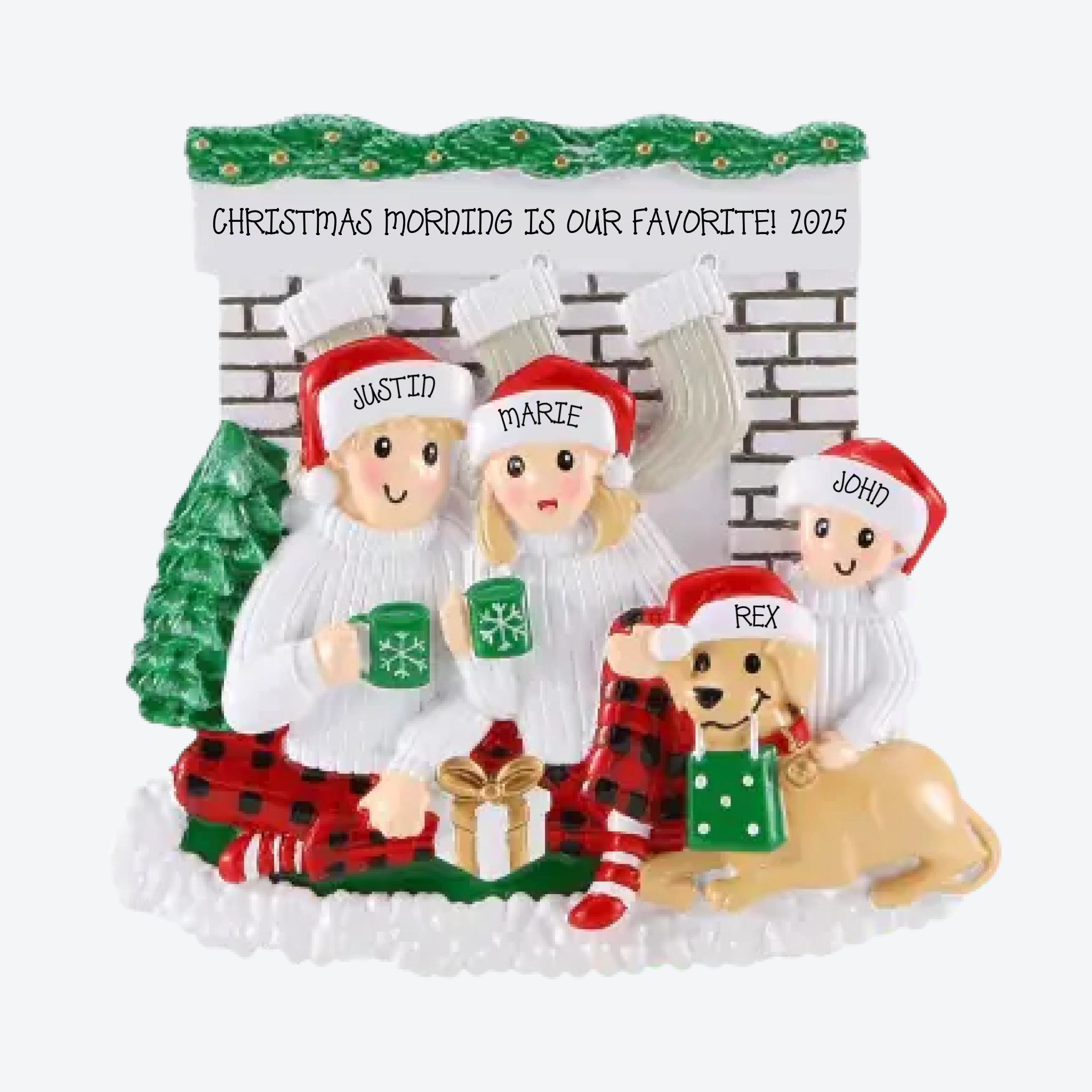 Sitting in Front of Fireplace Family of 3 Personalized Christmas Ornament