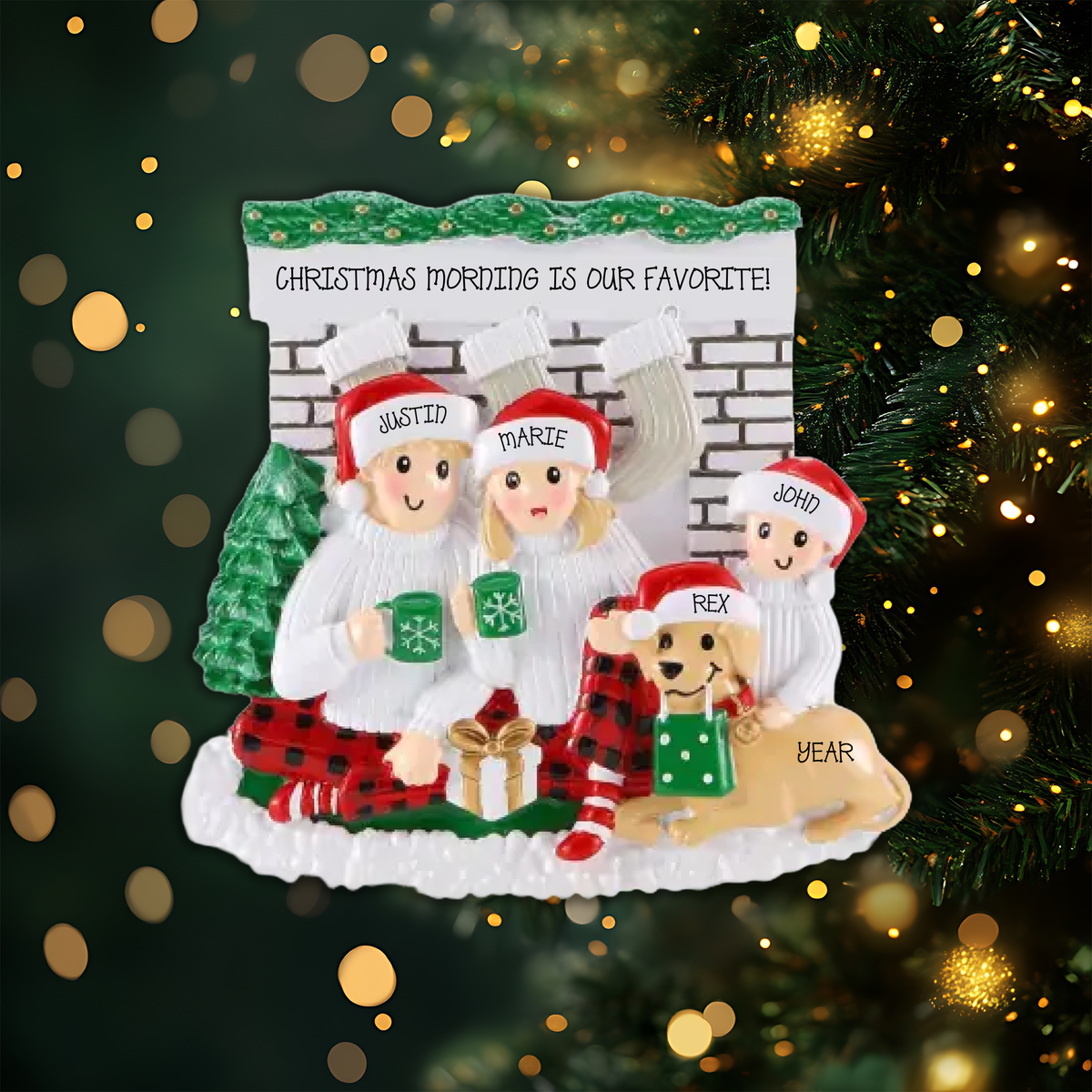 Sitting in Front of Fireplace Family of 3 Personalized Christmas Ornament