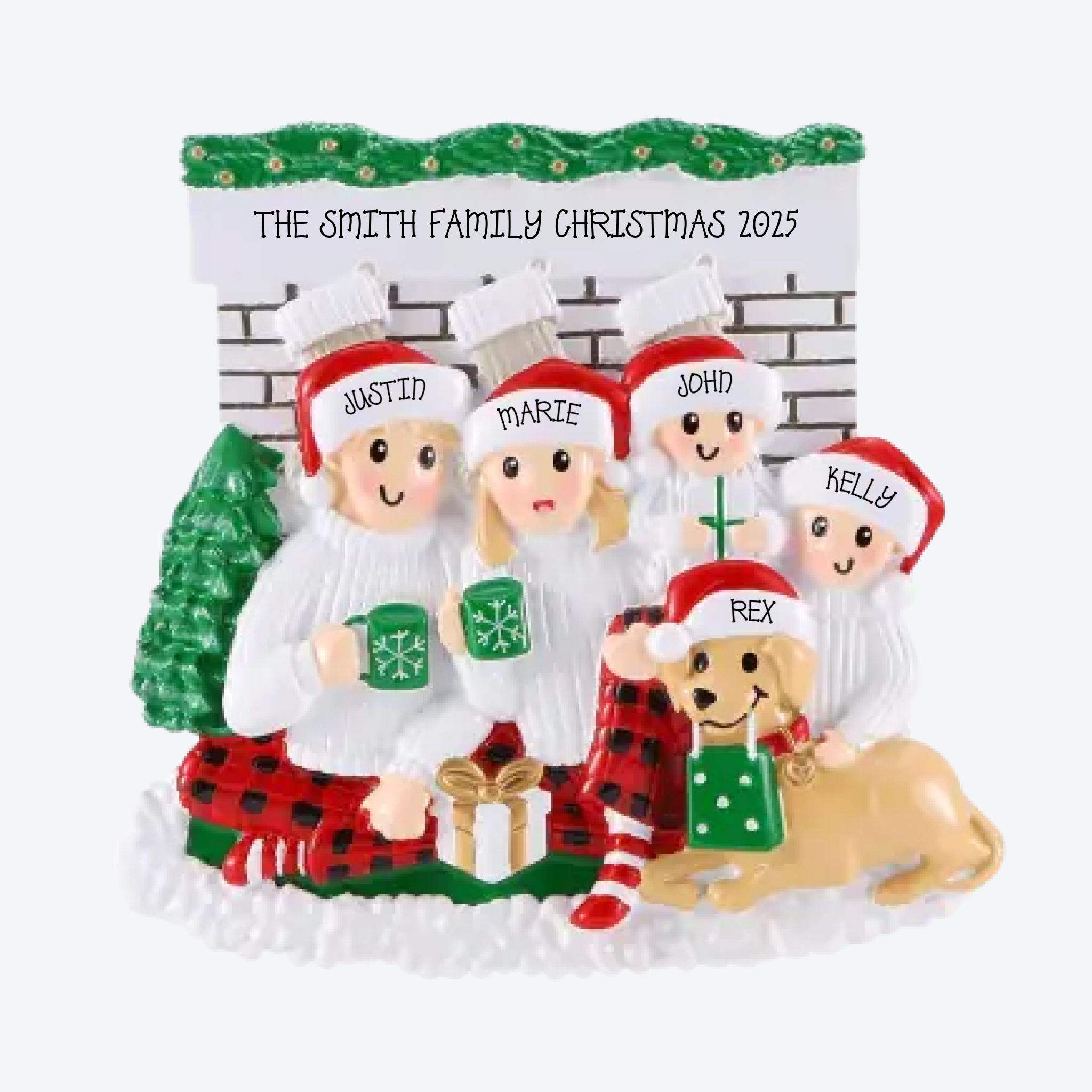 Sitting in Front of Fireplace Family of 4 Personalized Christmas Ornament