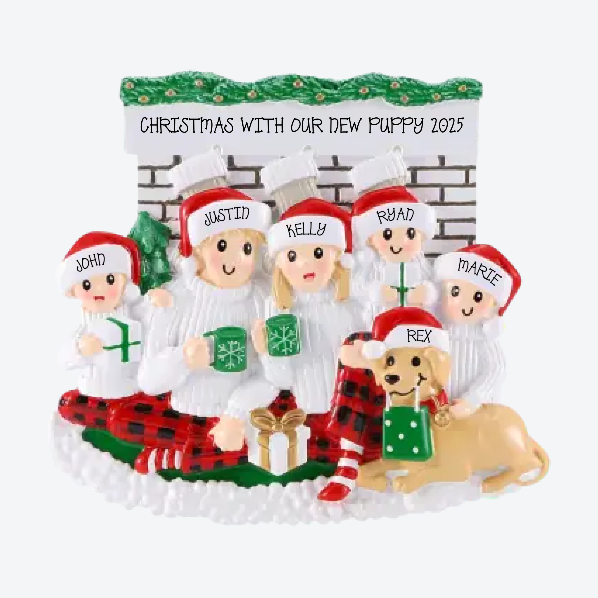 Sitting in Front of Fireplace Family of 5 Personalized Christmas Ornament