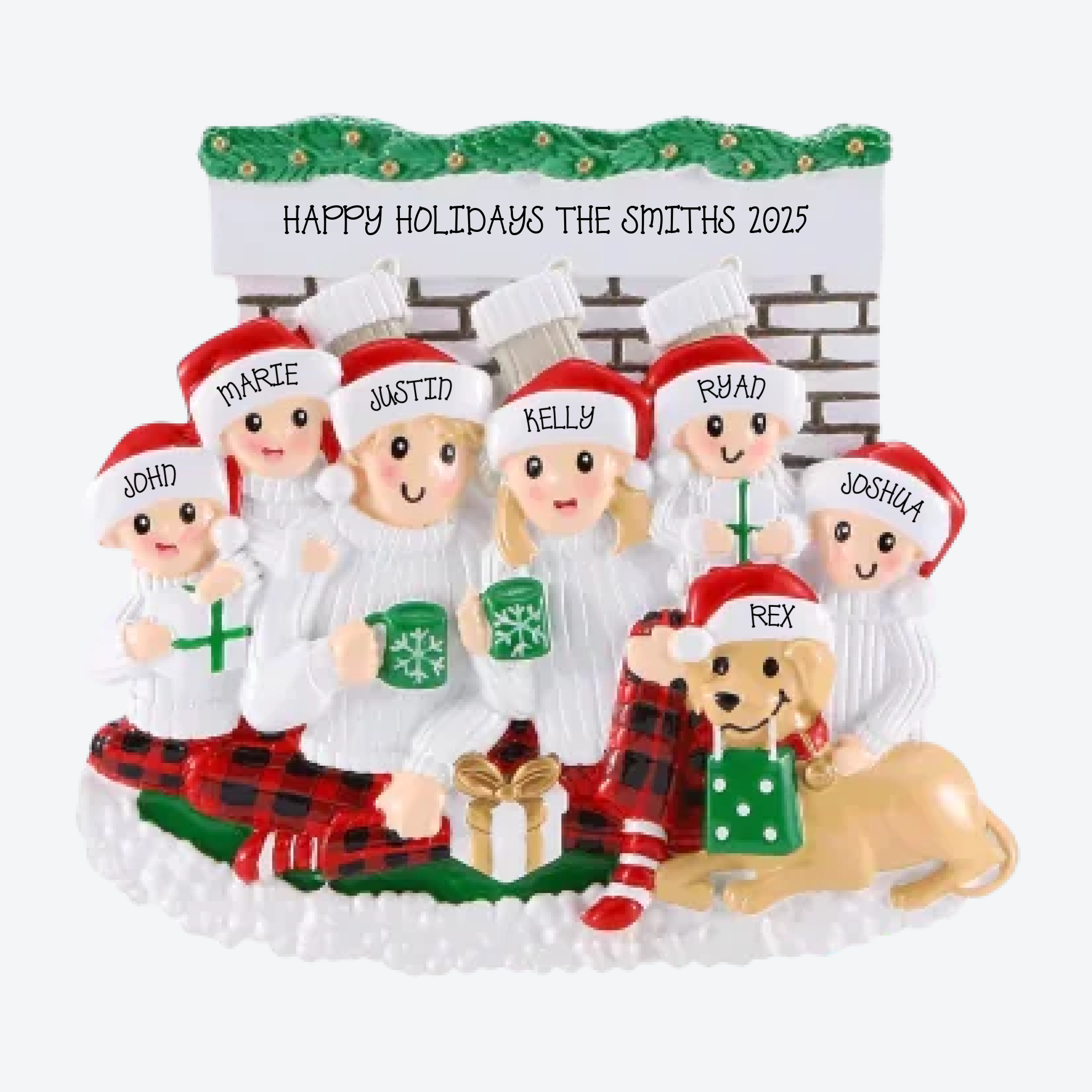 Sitting in Front of Fireplace Family of 6 Personalized Christmas Ornament