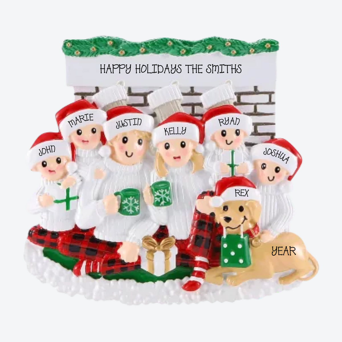 Sitting in Front of Fireplace Family of 6 Personalized Christmas Ornament