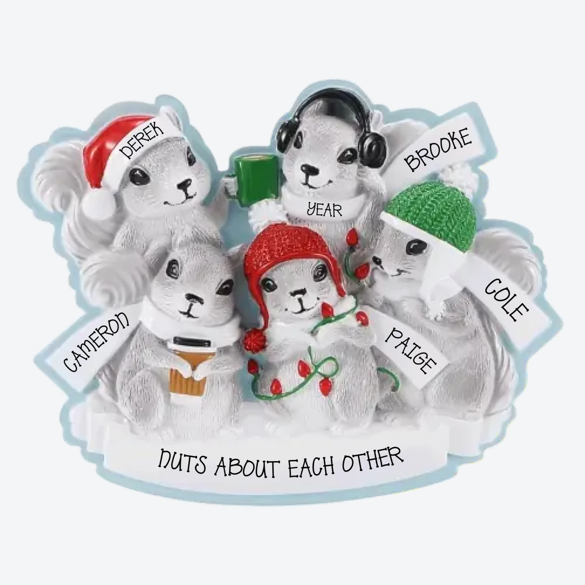 Grey Squirrel Family Of 5 Personalized Christmas Ornament