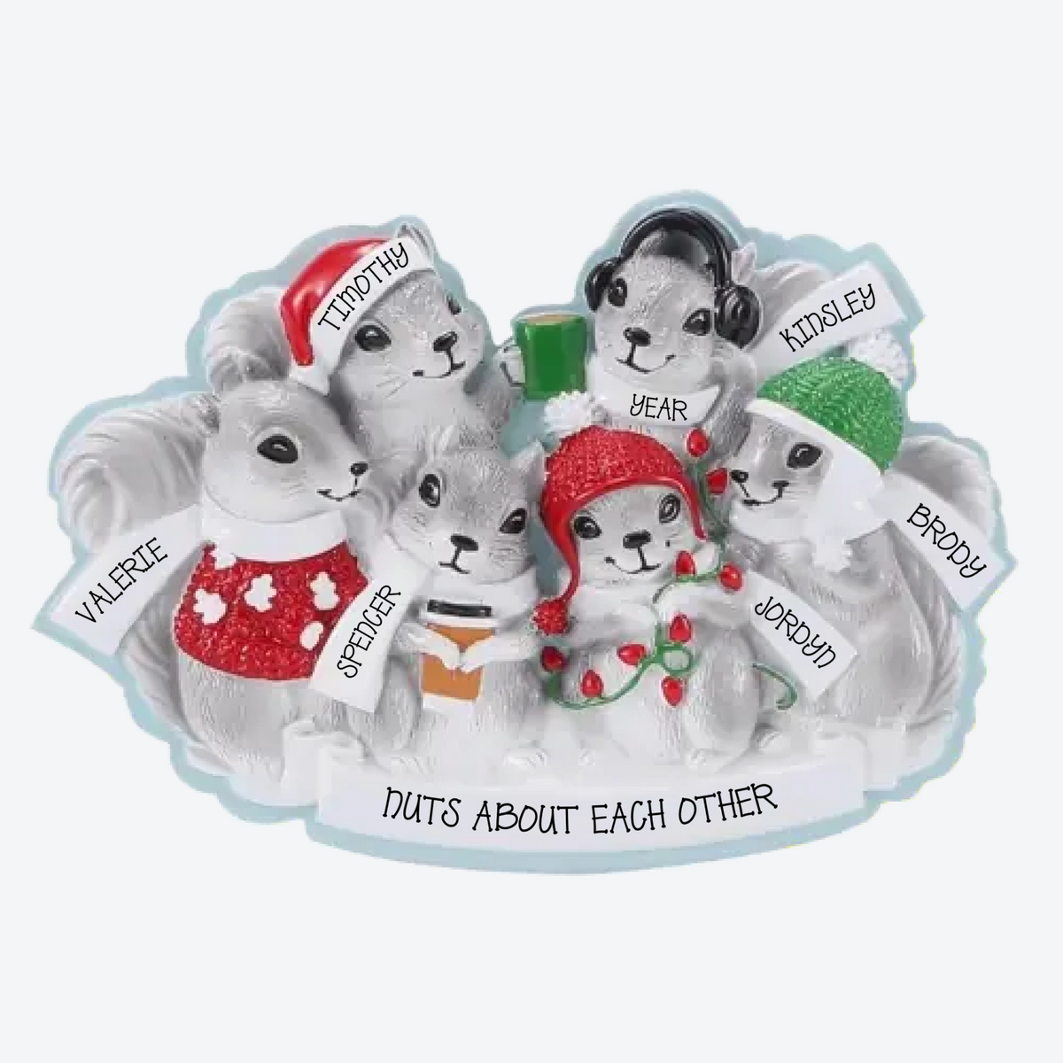 Grey Squirrel Family Of 6 Personalized Christmas Ornament