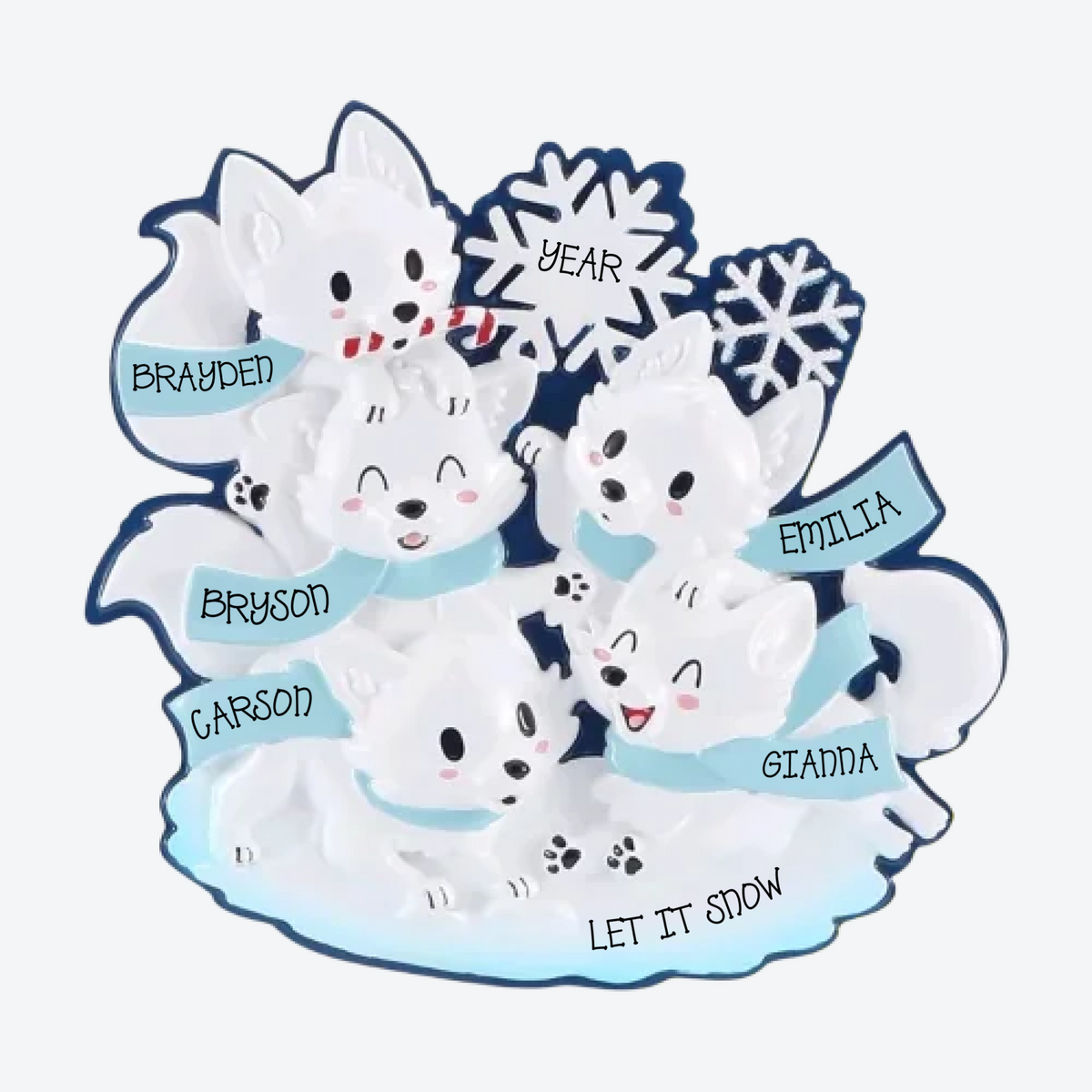 Arctic Fox Family Of 5 Personalized Christmas Ornament