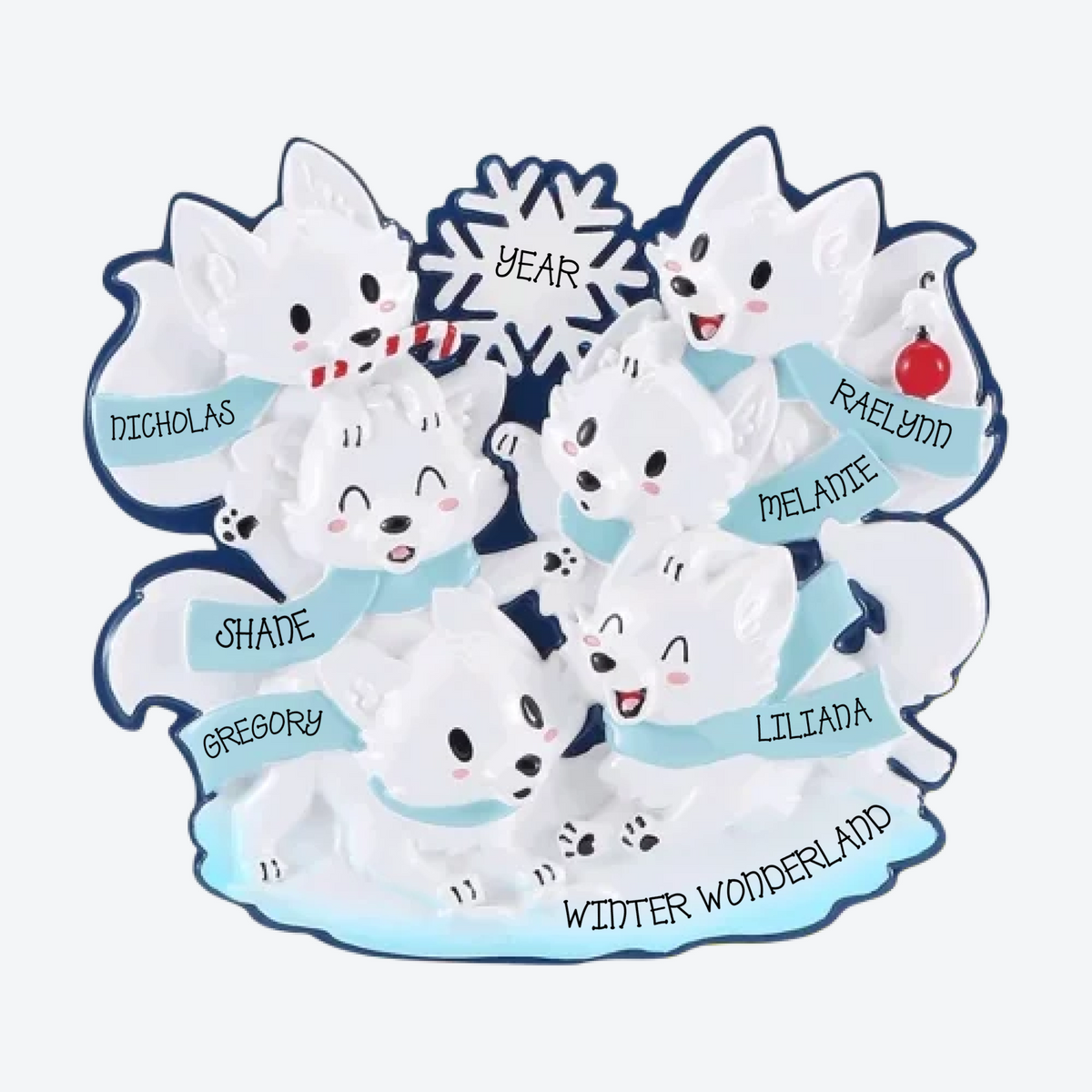 Arctic Fox Family Of 6 Personalized Christmas Ornament