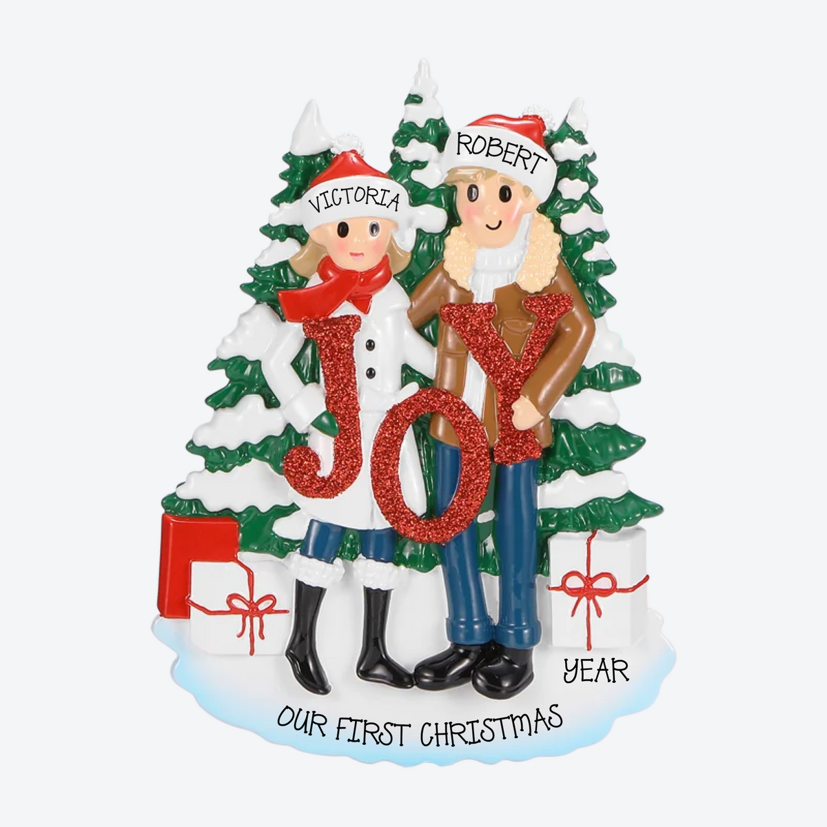 Family Of 2 Posed Around Joy Personalized Christmas Ornament