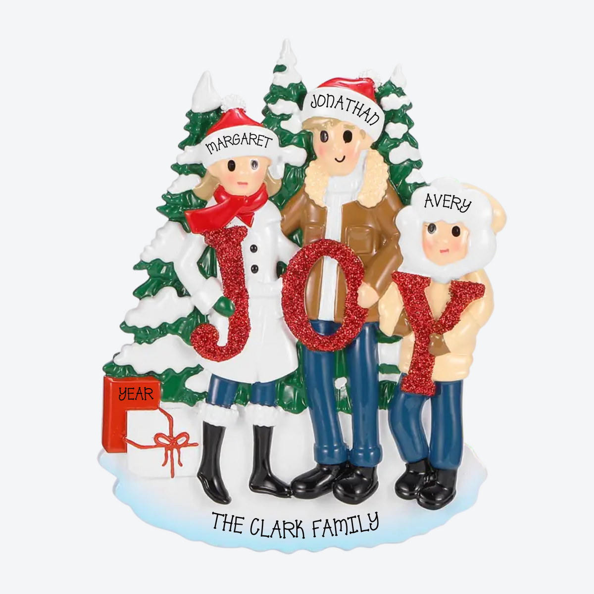 Family Of 3 Posed Around Joy Personalized Christmas Ornament