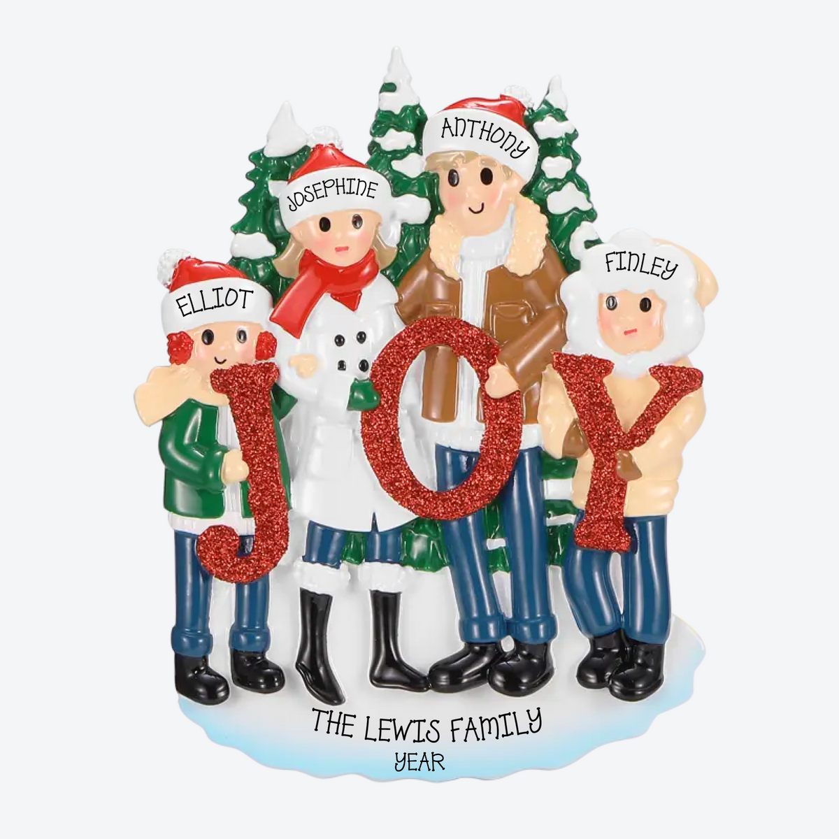 Family Of 4 Posed Around Joy Personalized Christmas Ornament