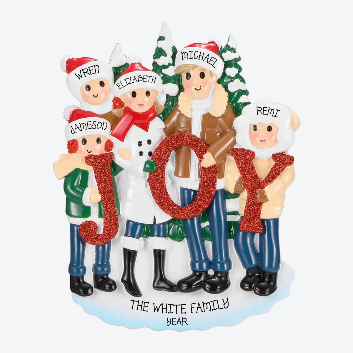 Family Of 5 Posed Around Joy Personalized Christmas Ornament