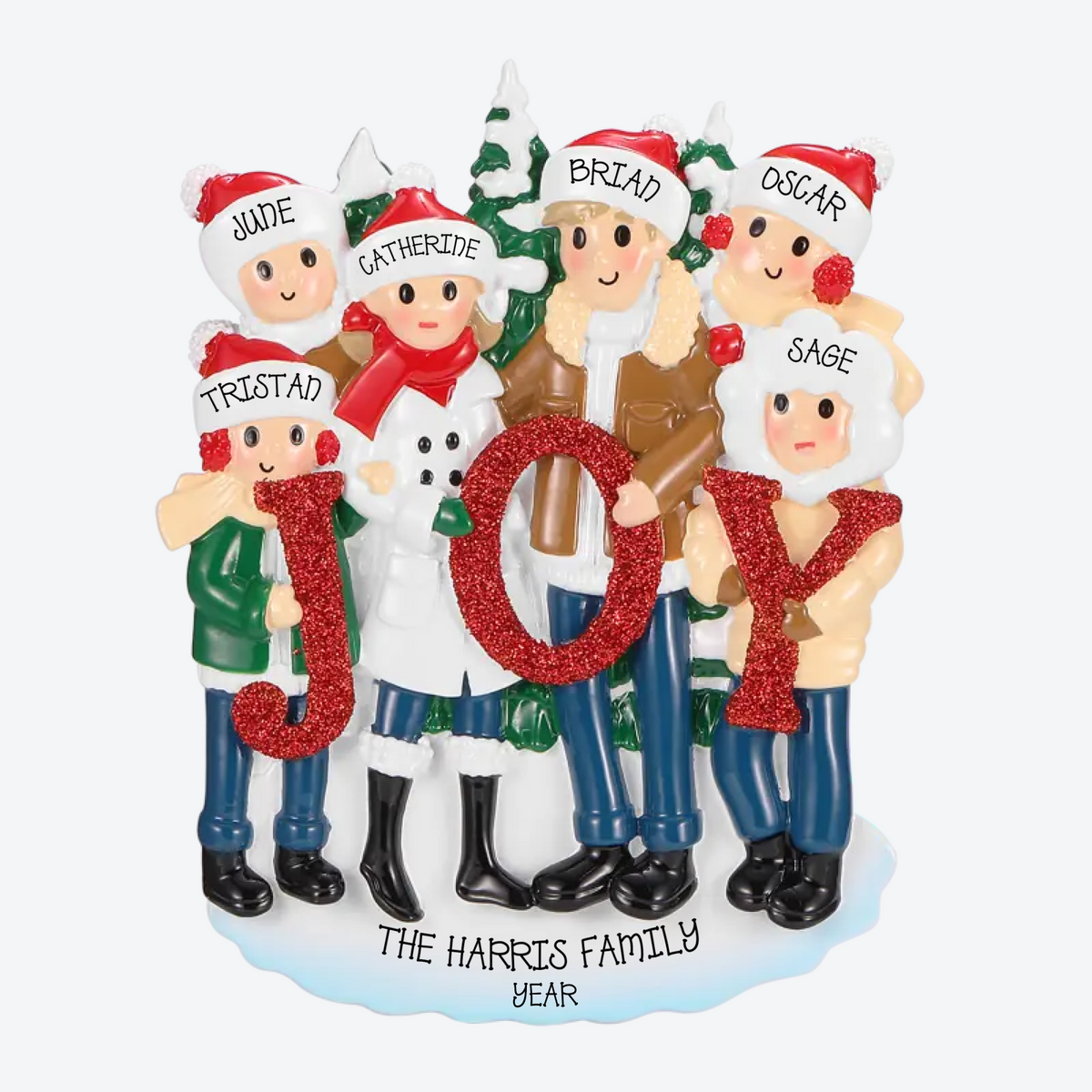 Family Of 6 Posed Around Joy Personalized Christmas Ornament