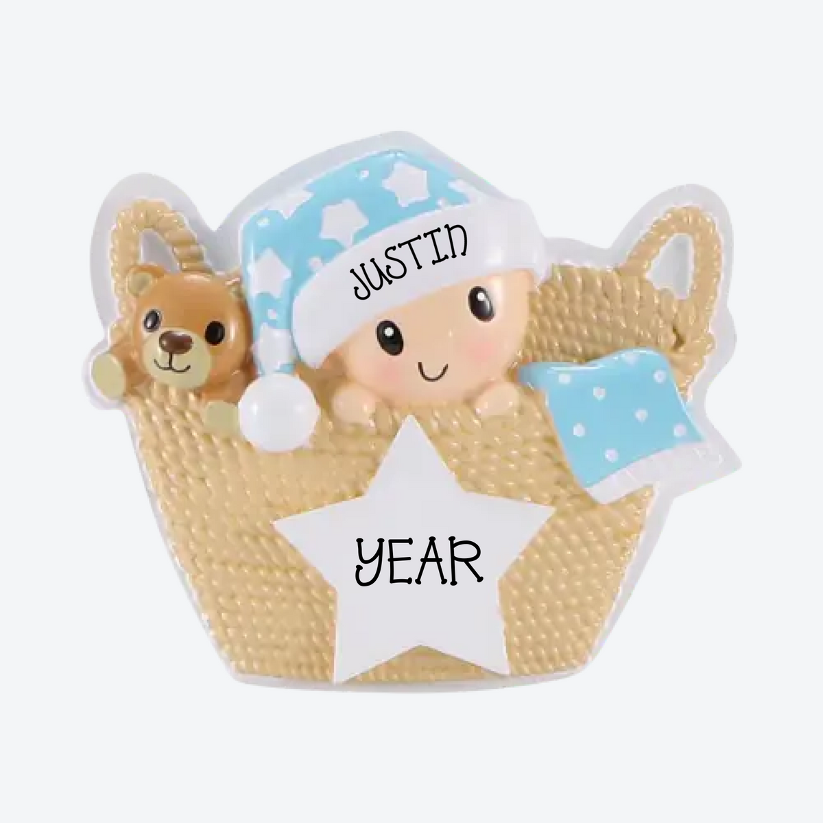 Baby in Basket Blue Personalized Christmas Ornament