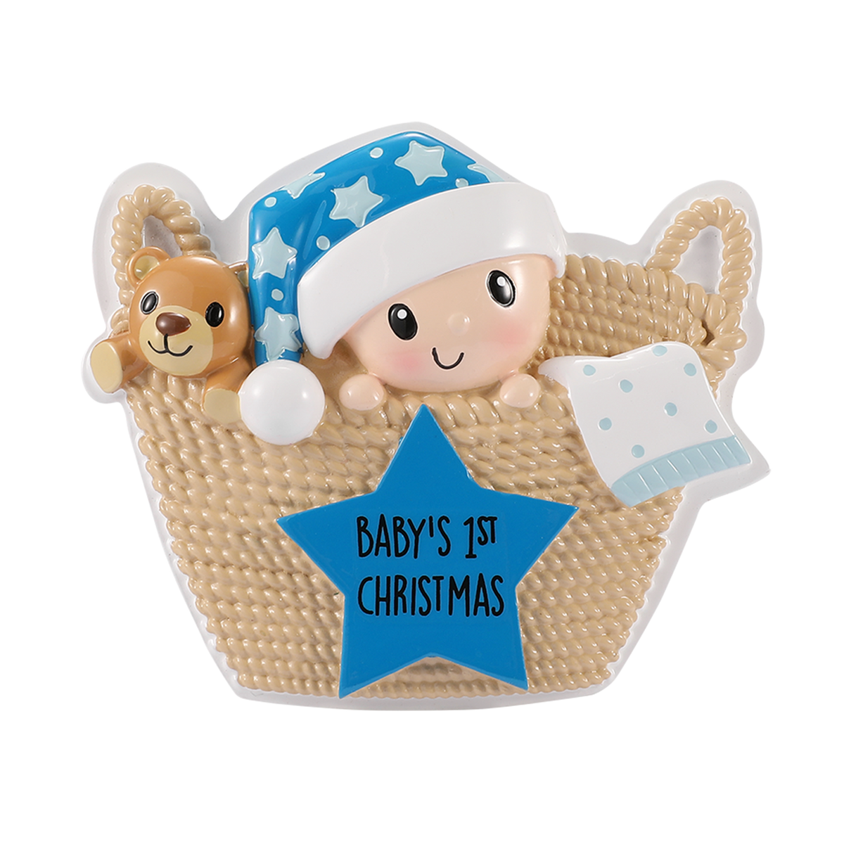 EXCLUSIVE Baby in Basket Blue Personalized Christmas Ornament