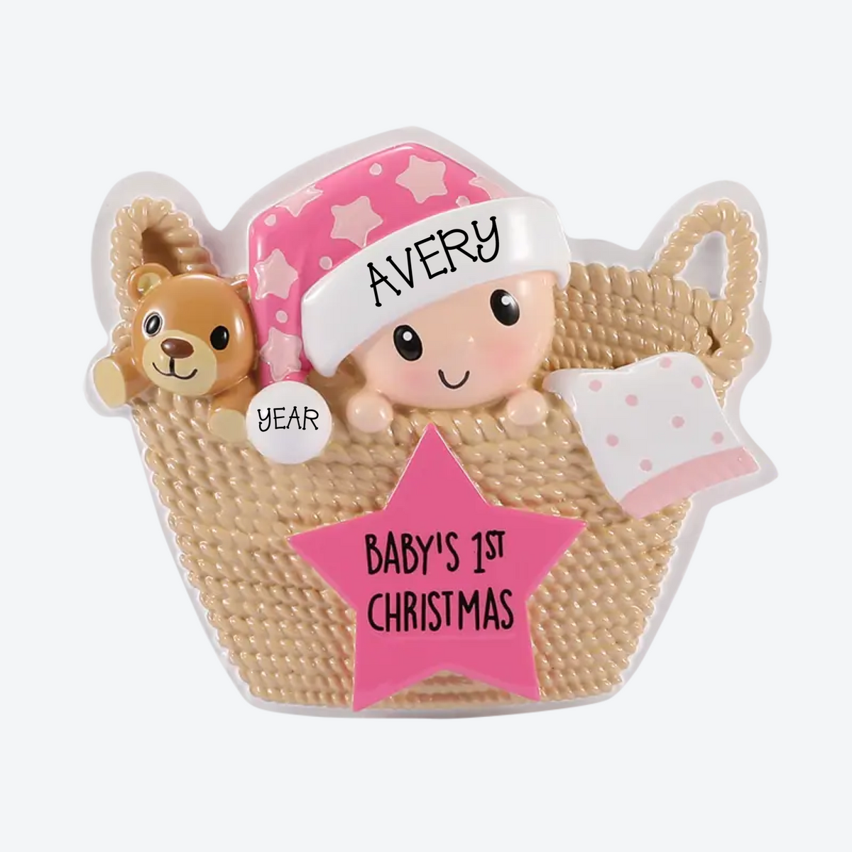 EXCLUSIVE Baby in Basket Pink Personalized Christmas Ornament