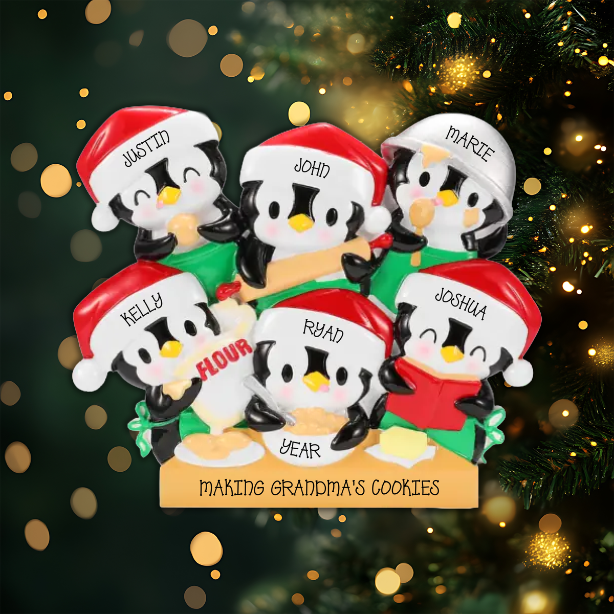 Penguin Baking Family of 6 Personalized Christmas Ornament