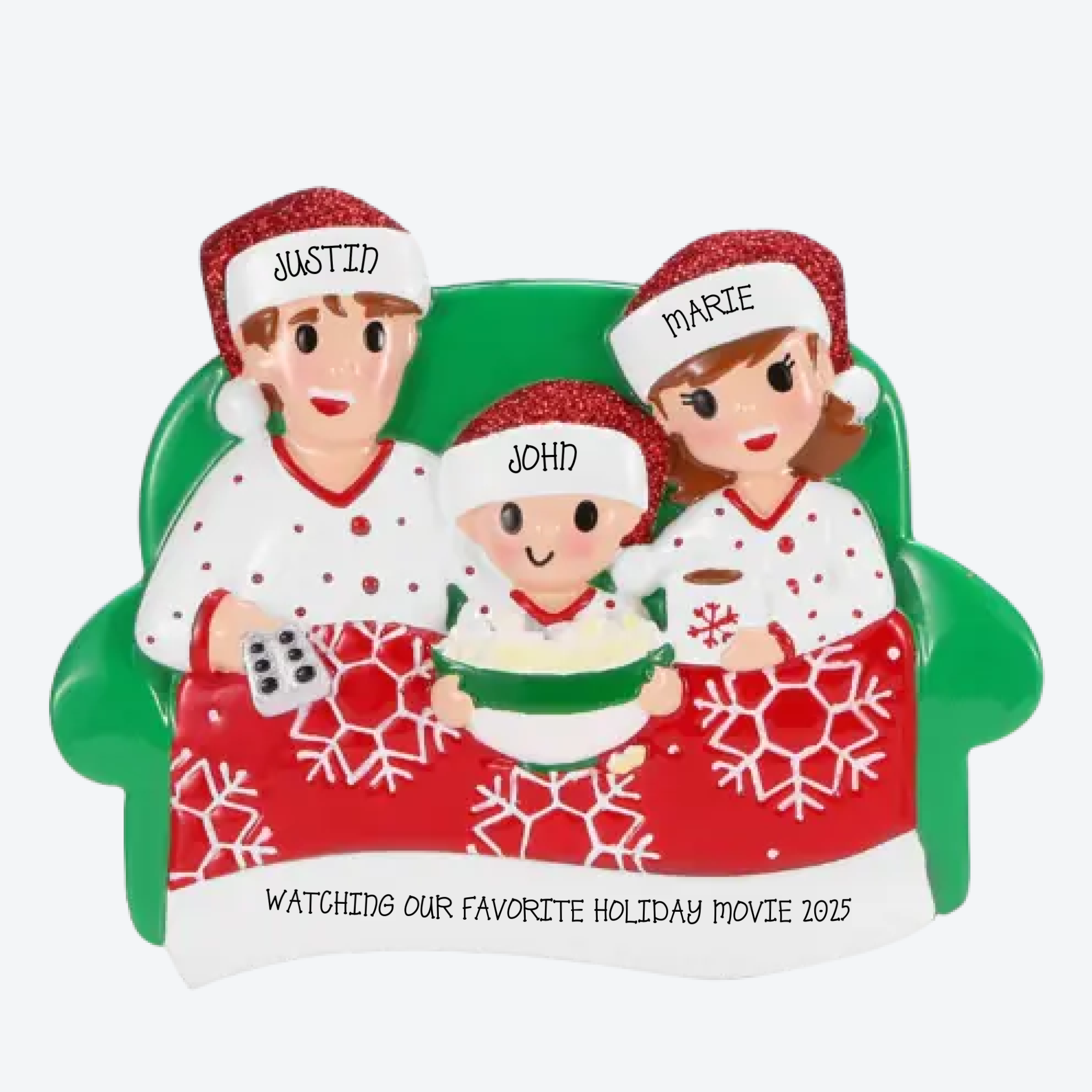Family of 3 Movie Night Personalized Christmas Ornament