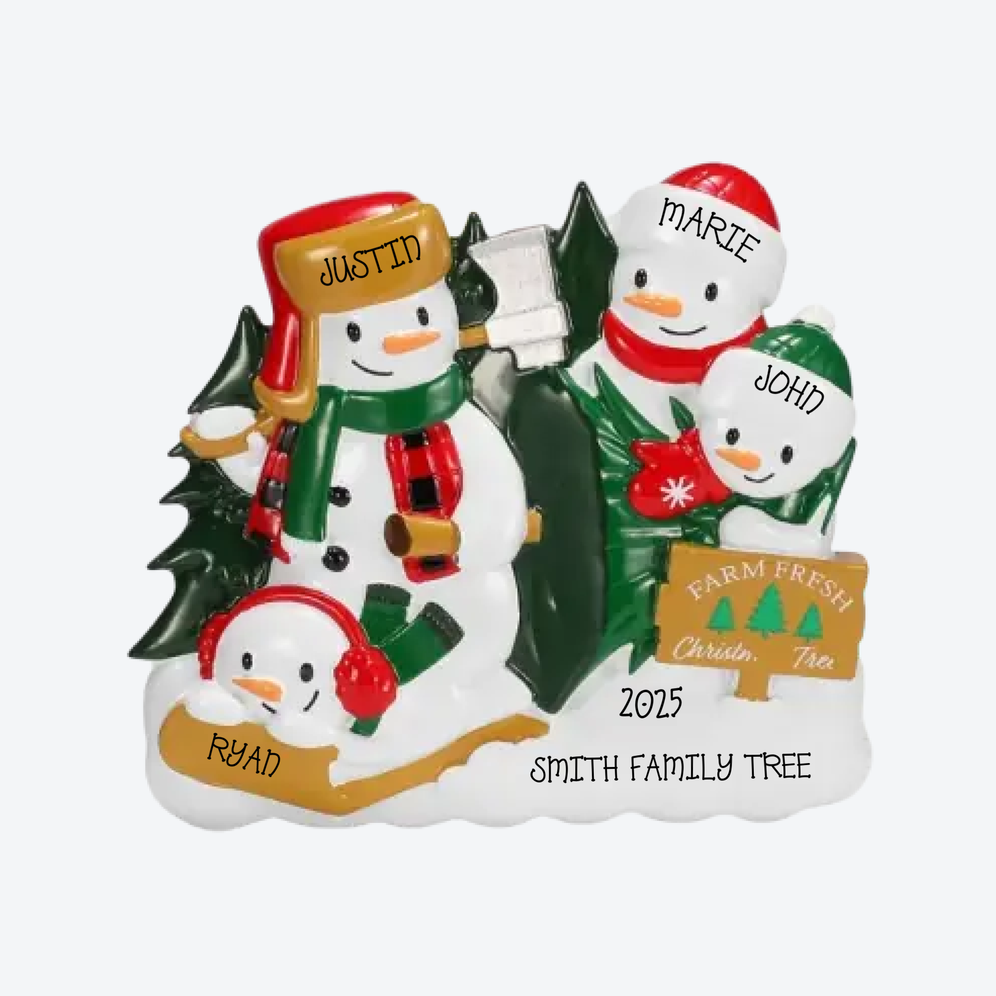 Christmas Tree Farm Snowman Family of 4 Personalized Christmas Ornament