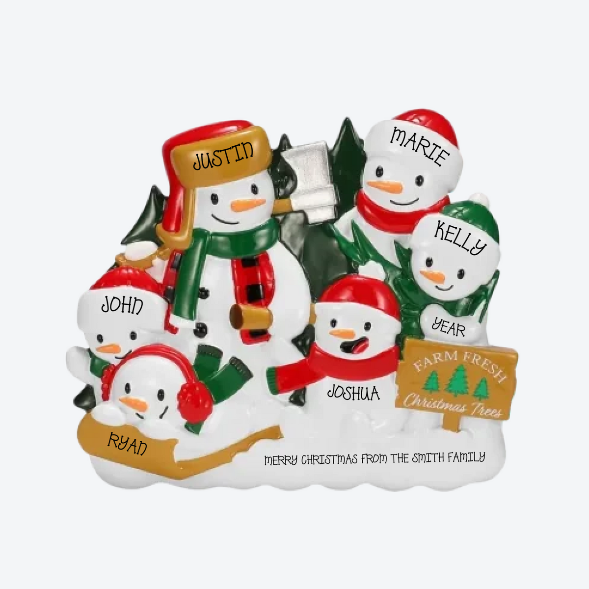 Christmas Tree Farm Snowman Family of 6 Personalized Christmas Ornament