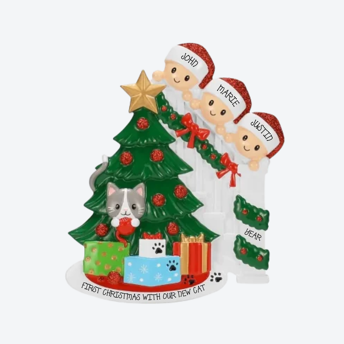 Cat in Christmas Tree Family of 3 Personalized Christmas Ornament