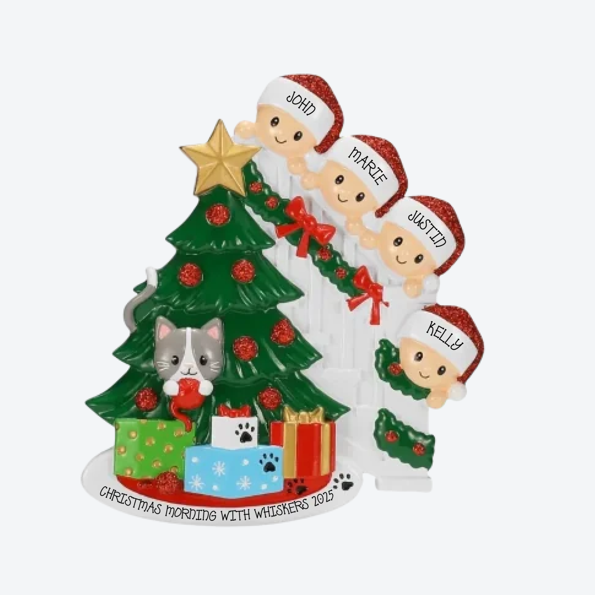 Cat in Christmas Tree Family of 4 Personalized Christmas Ornament