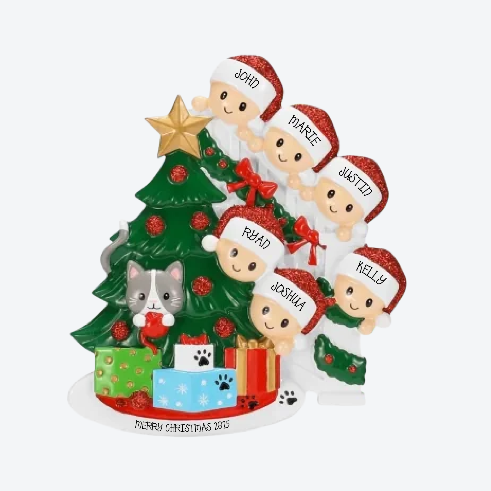 Cat in Christmas Tree Family of 6 Personalized Christmas Ornament