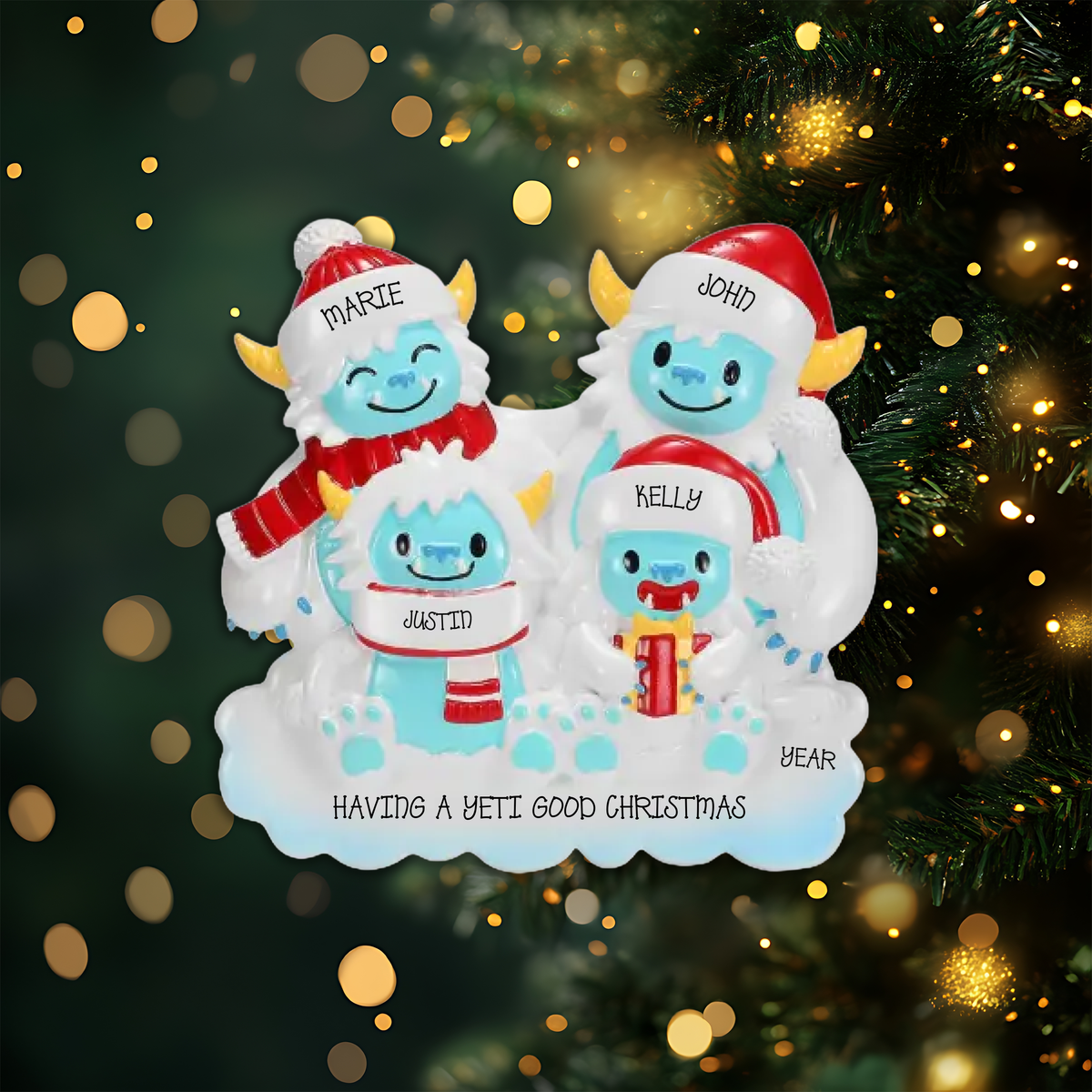 Yeti Family of 4 Personalized Christmas Ornament