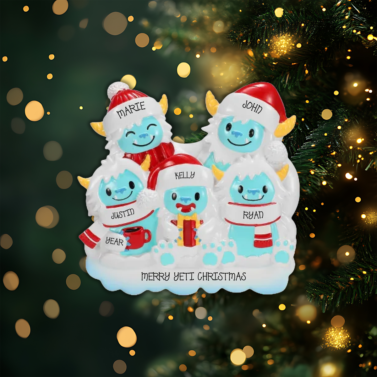 Yeti Family of 5 Personalized Christmas Ornament