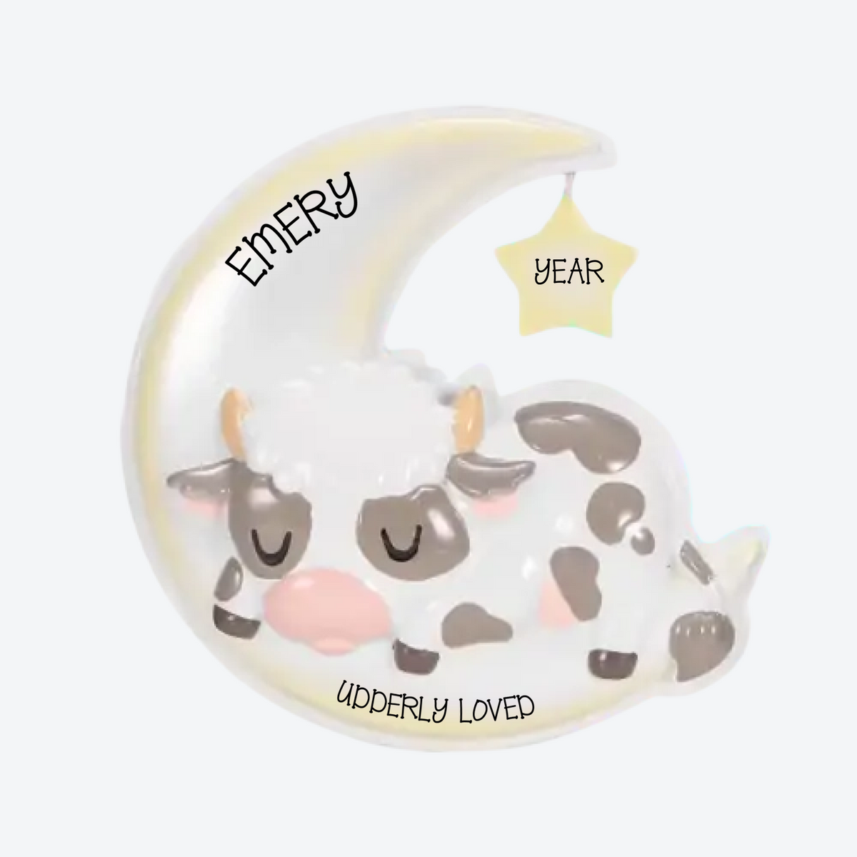 Cutesy Cow On Moon Personalized Christmas Ornament