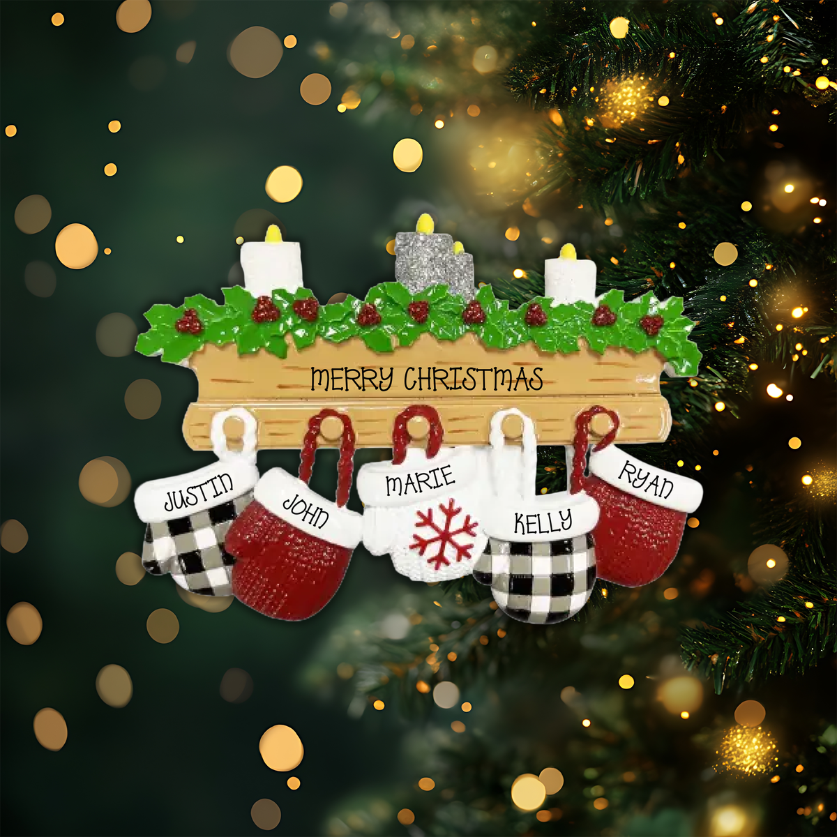 Mitten Family of 5 Personalized Christmas Ornament